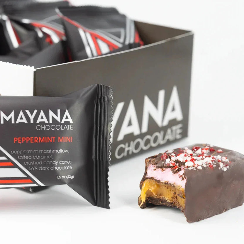 Partially eaten Mayana Chocolate Mini Peppermint Bar with pink marshmallow center