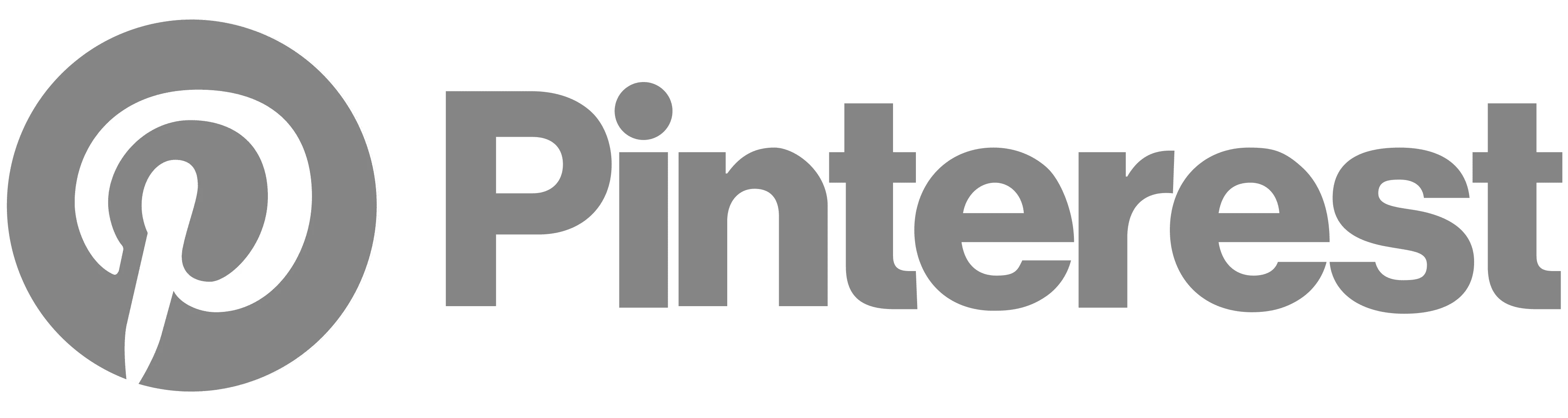 Gray pinterest logo featuring a stylized white ’p’ inside a circular emblem next to the brand name.