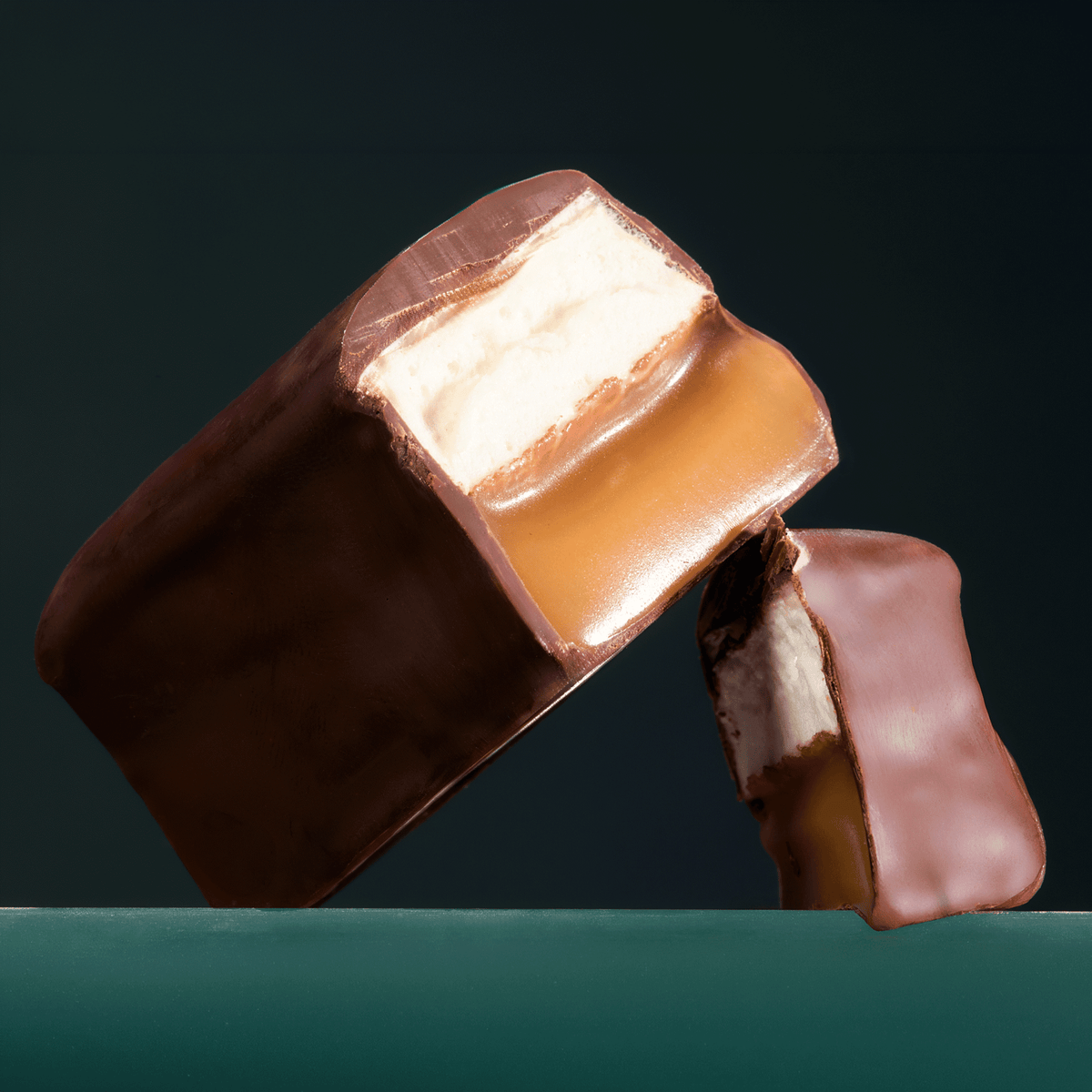 Close-up of a filled chocolate mini bar cut open to show creamy and caramel layers