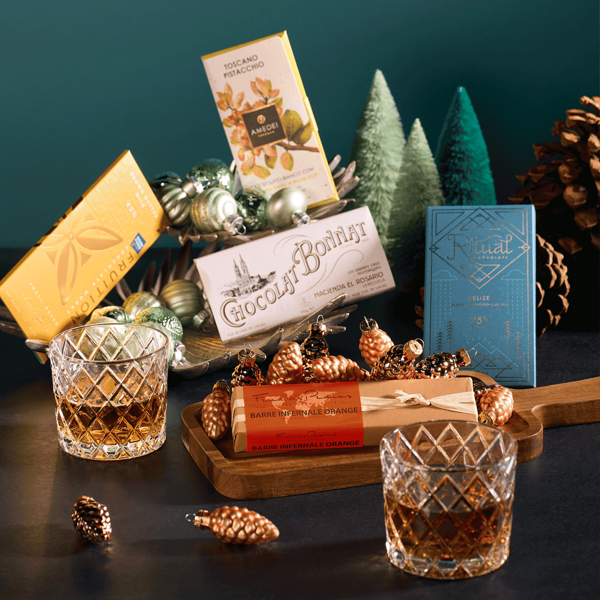 Pour & Pair Bourbon / Whiskey chocolate bars and whiskey glasses in a holiday setting