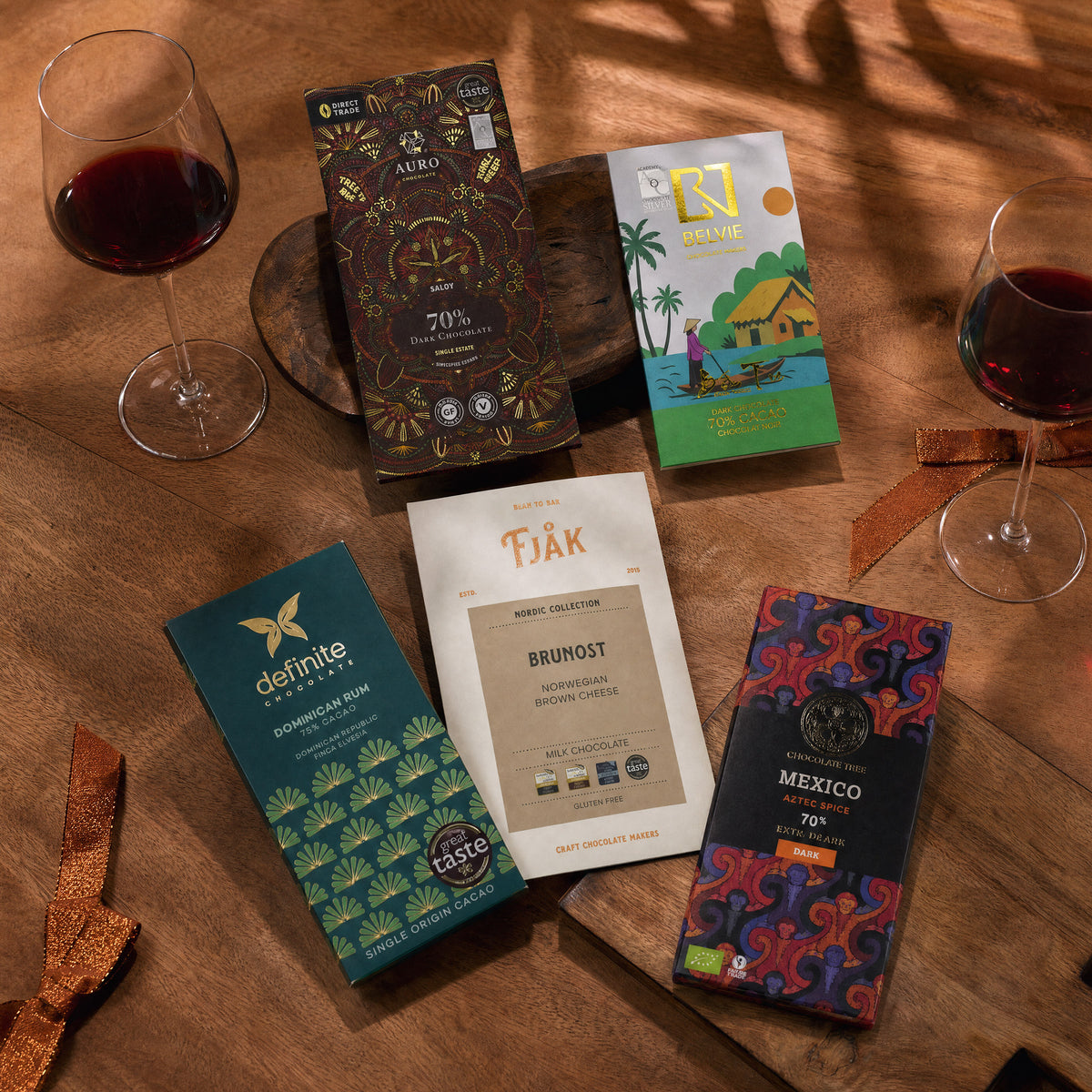 Pour and Pair wine chocolate gift bundle, five craft bars with red wine.