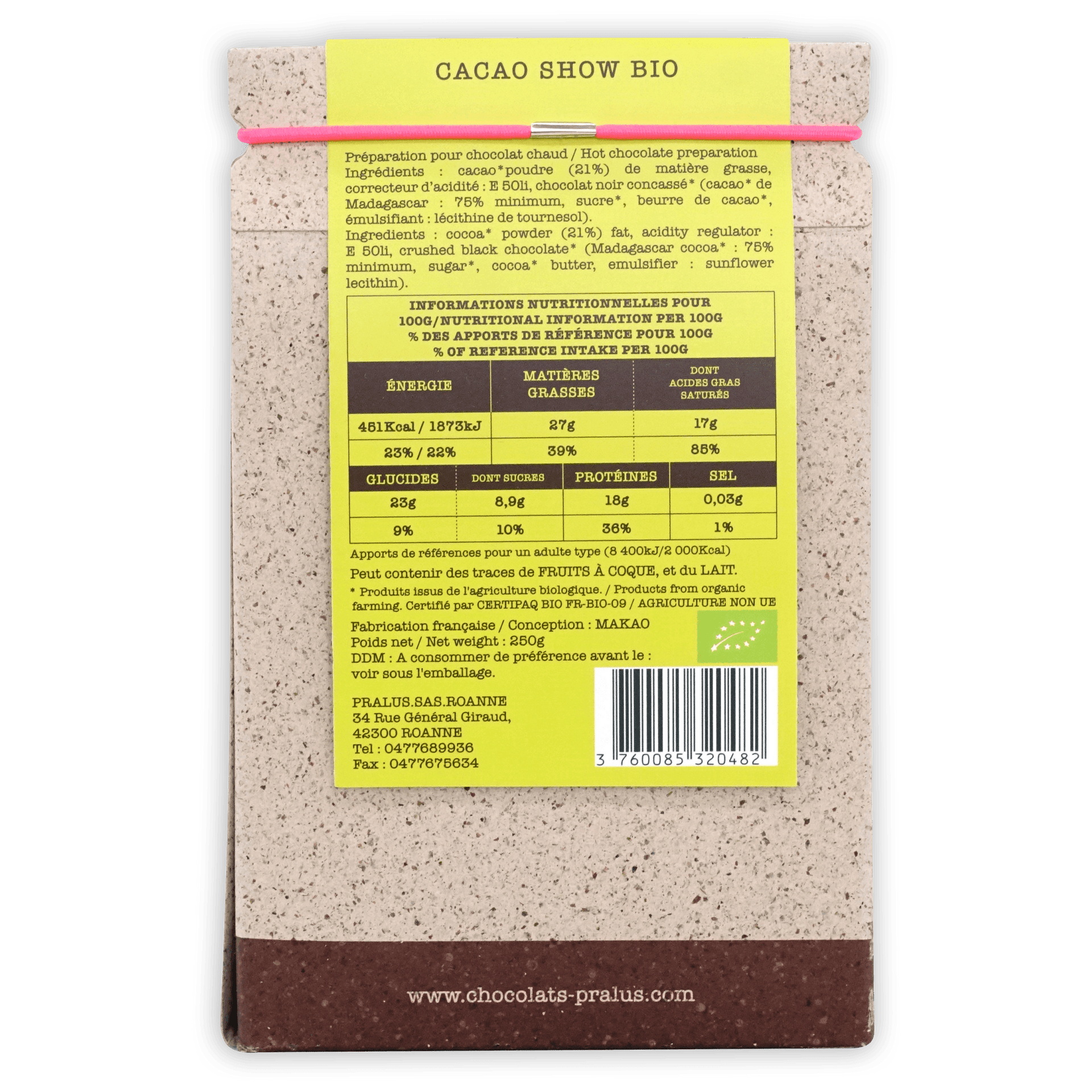 Back of Pralus Cacao Show hot chocolate mix wrapper with French nutrition label