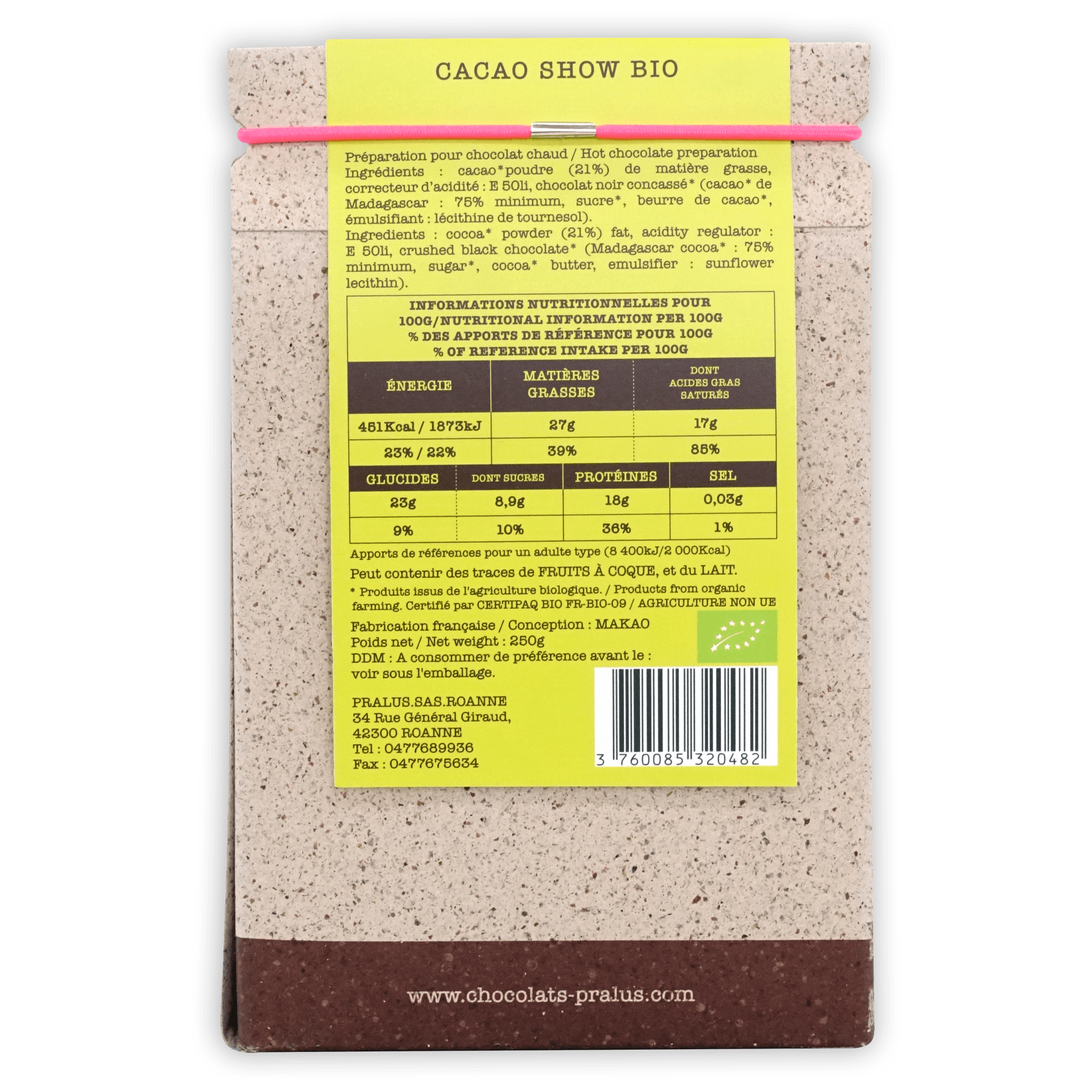Back of Pralus Cacao Show hot chocolate mix wrapper with French nutrition label