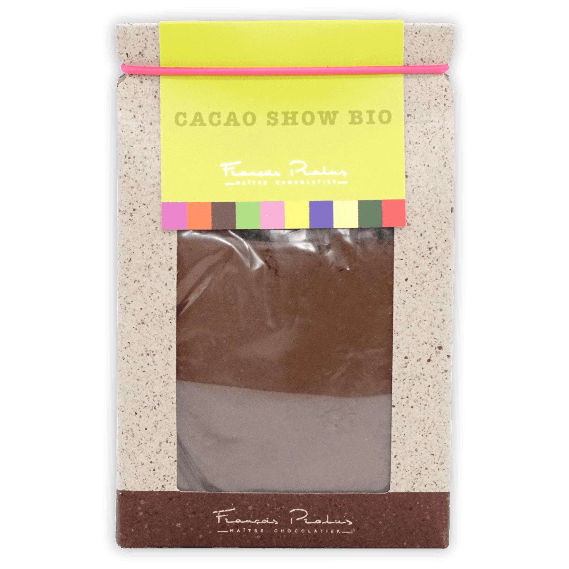 Pralus Cacao Show hot chocolate mix with vibrant lime green label