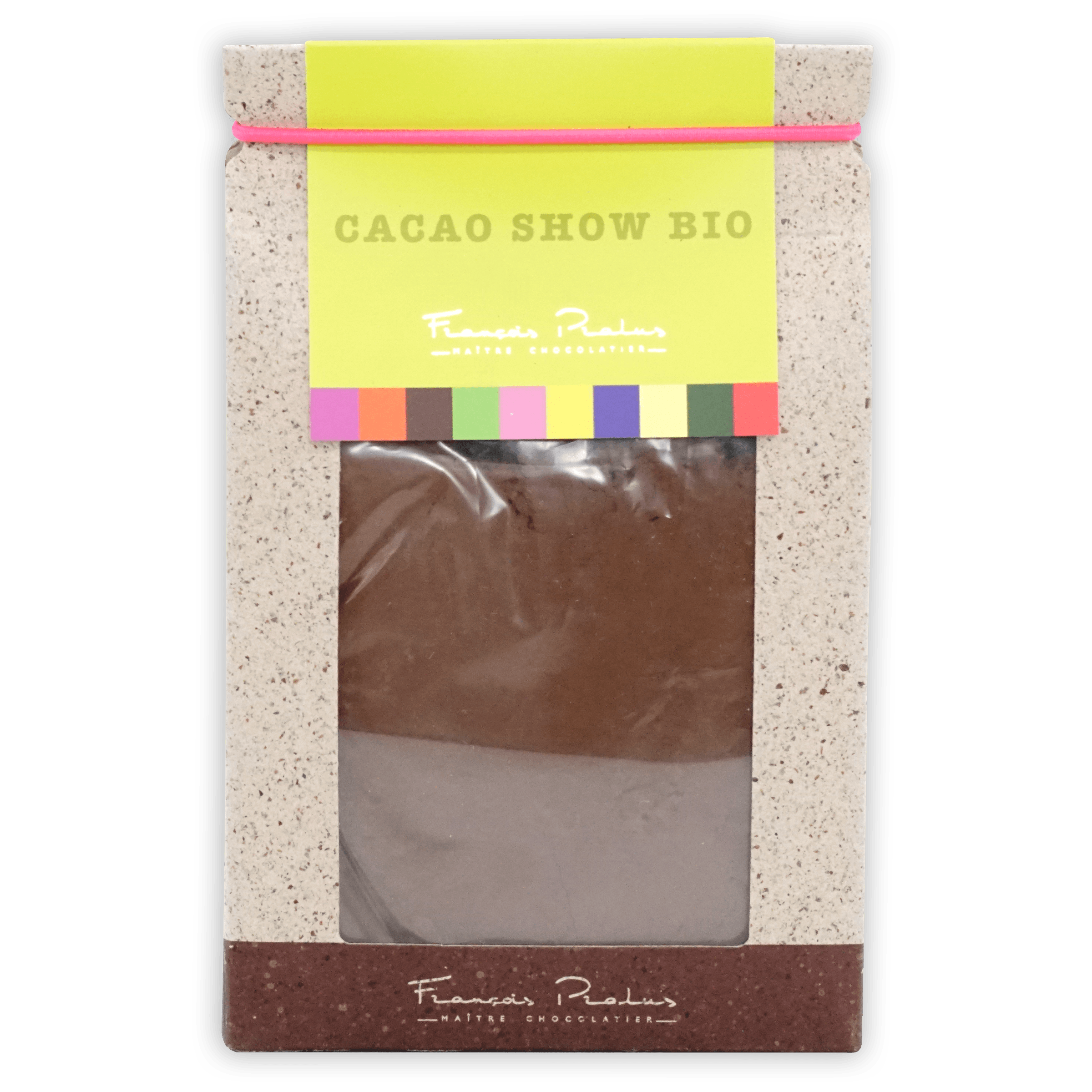 Pralus Cacao Show hot chocolate mix with vibrant lime green label