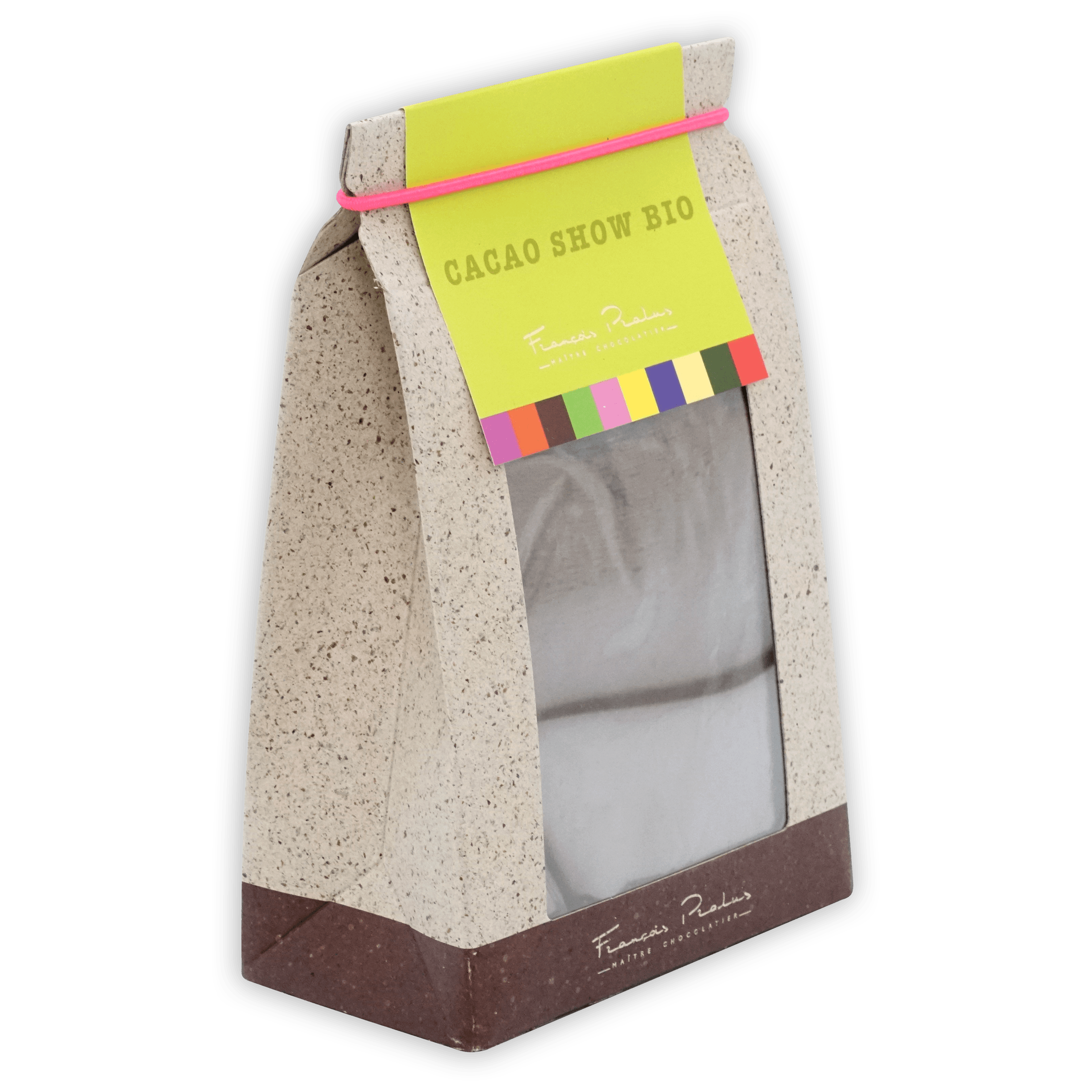 Pralus Cacao Show hot chocolate mix in beige bag with lime green label