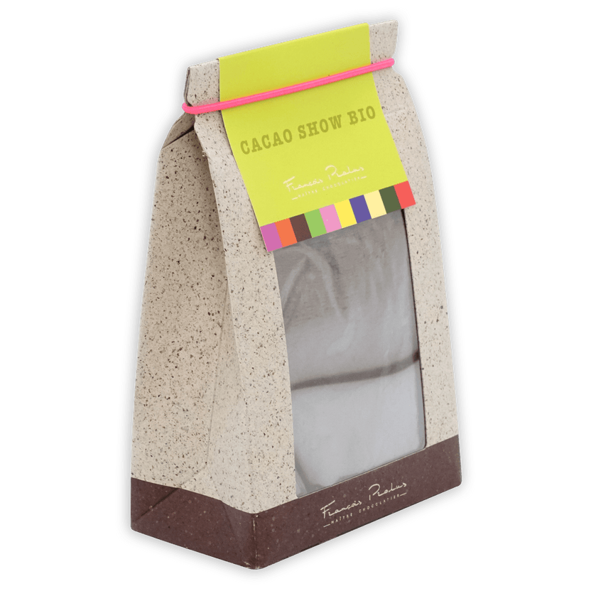 Pralus Cacao Show hot chocolate mix in beige bag with lime green label