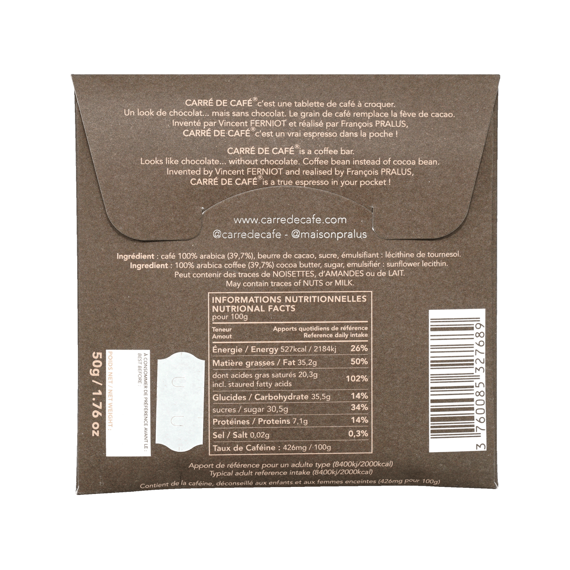 Pralus Carre de Cafe Noir chocolate coffee bar with 100% arabica and cocoa butter