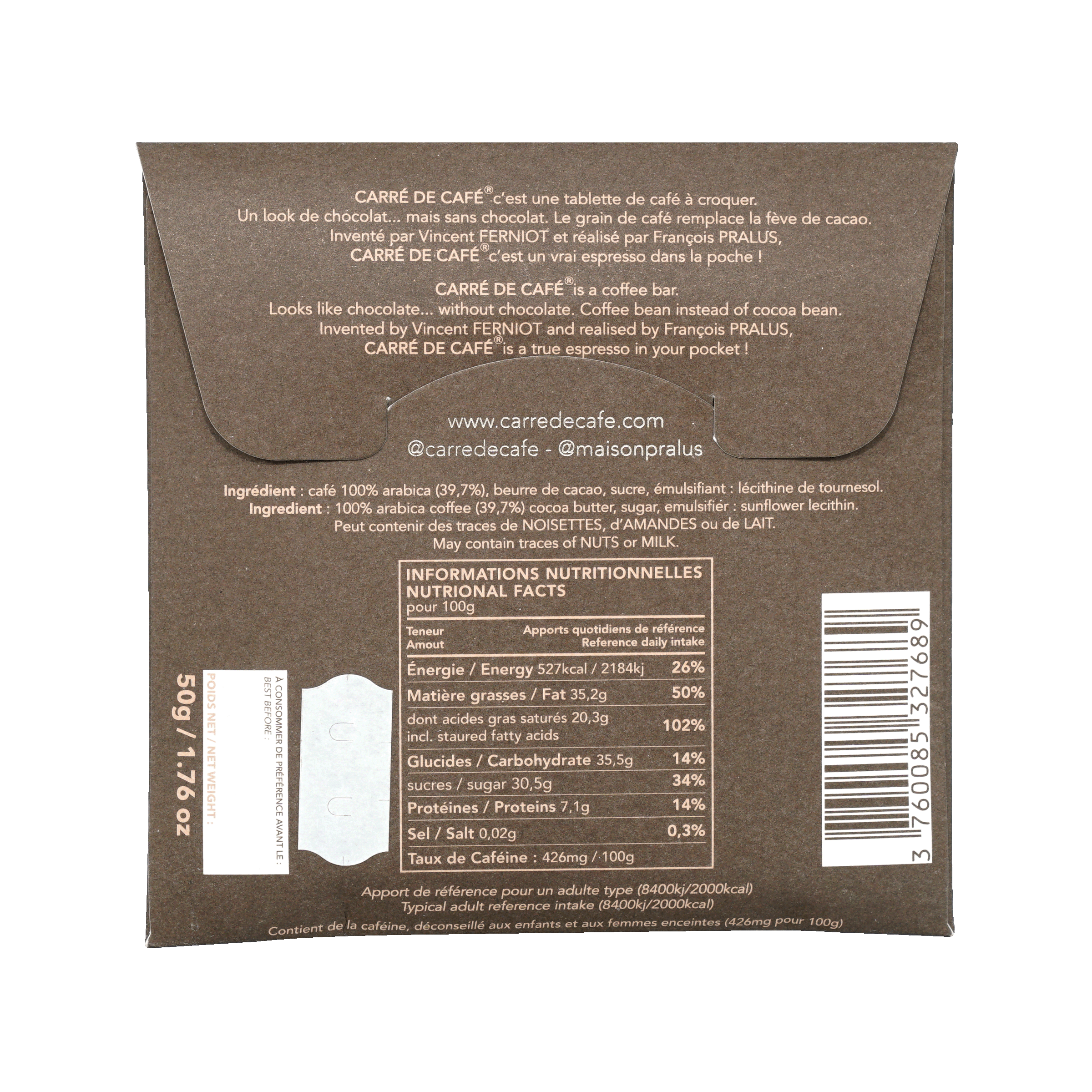 Pralus Carre de Cafe Noir chocolate coffee bar with 100% arabica and cocoa butter