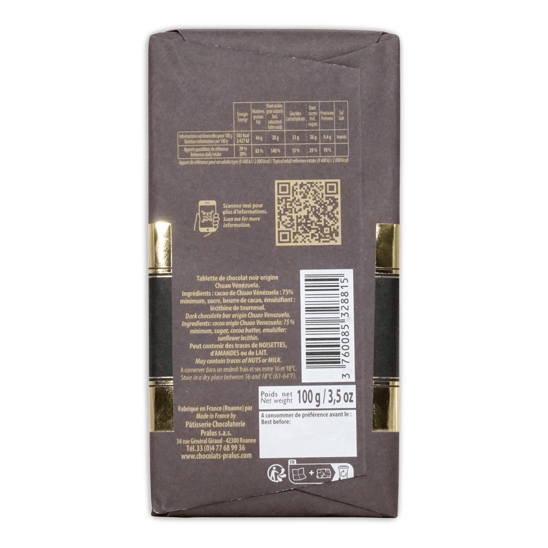 Back of Pralus Chuao wrapper showing French and English text, QR code, barcode and nutrition table, net weight 100g