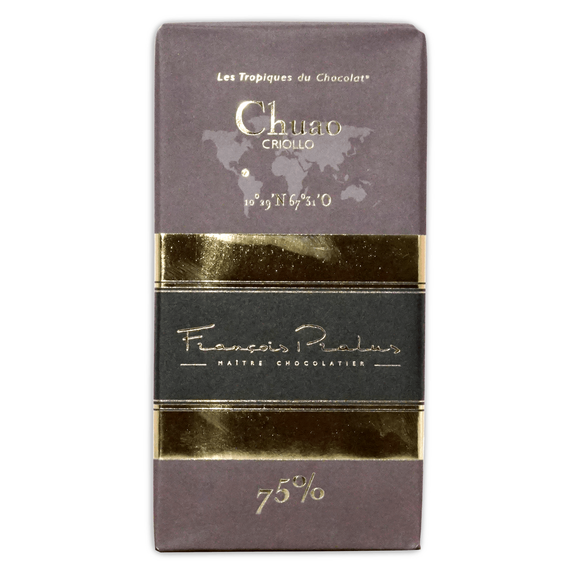 Pralus Chuao Criollo bar in mauve wrapper with gold bands and world map, marked 75%