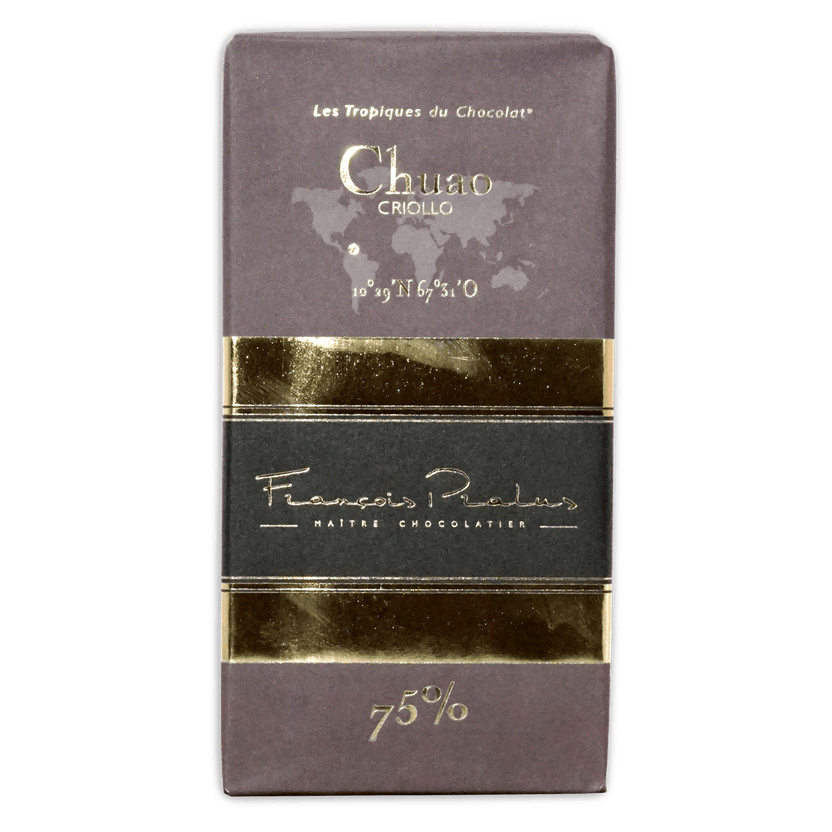 Pralus Chuao Criollo bar in mauve wrapper with gold bands and world map, marked 75%