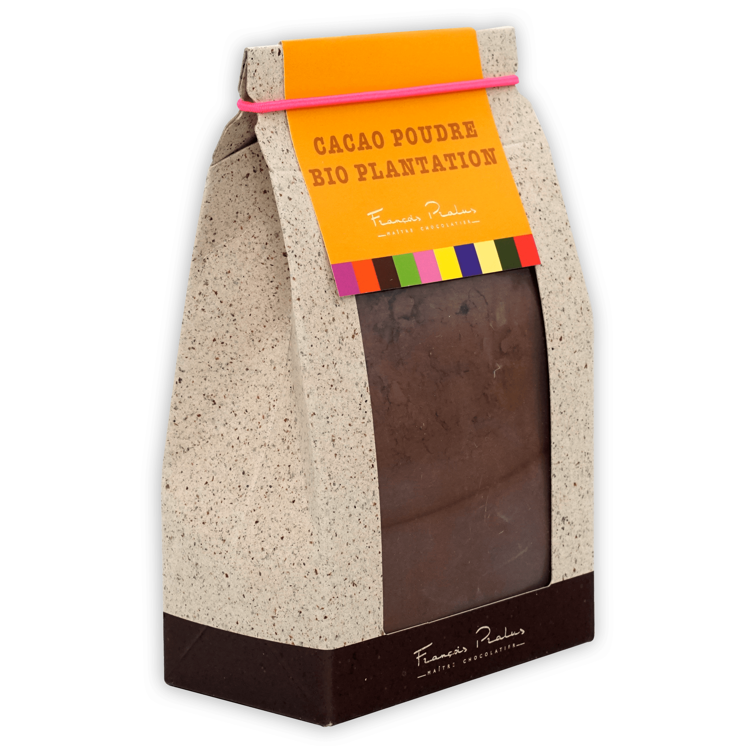 Pralus Cocoa Powder 100% in beige bag with orange label and pink band