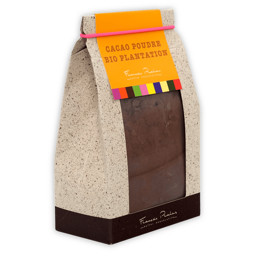 Pralus Cocoa Powder 100% in beige bag with orange label and pink band