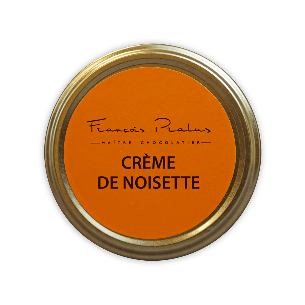 Pralus hazelnut cream jar with gold lid and orange label