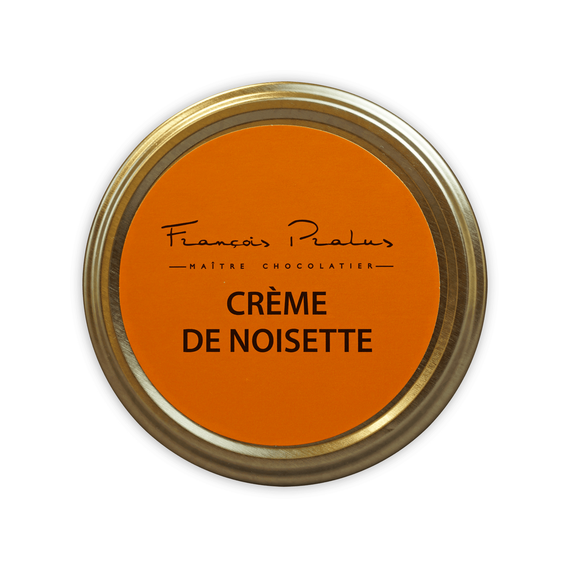 Pralus hazelnut cream jar with gold lid and orange label