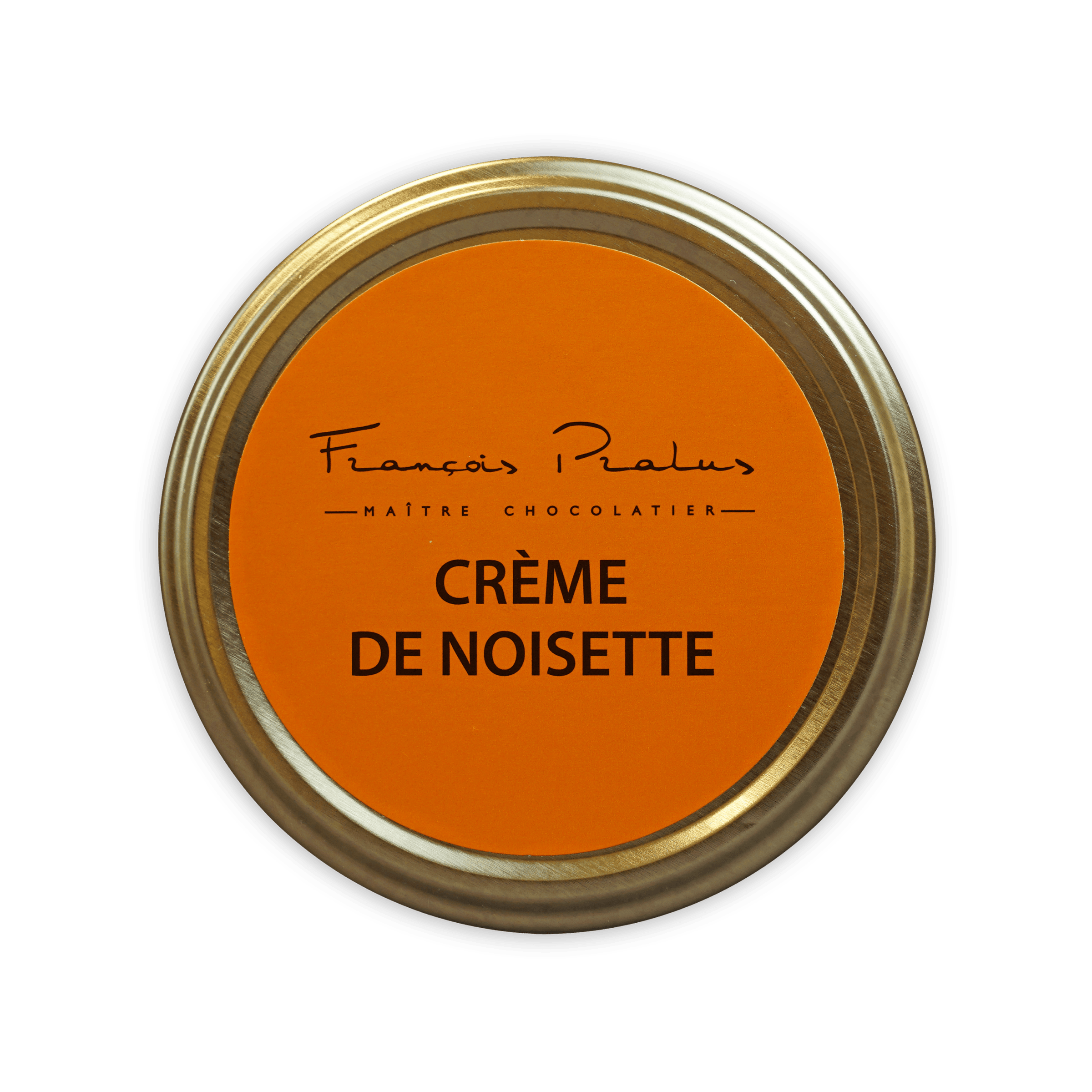 Pralus hazelnut cream jar with gold lid and orange label