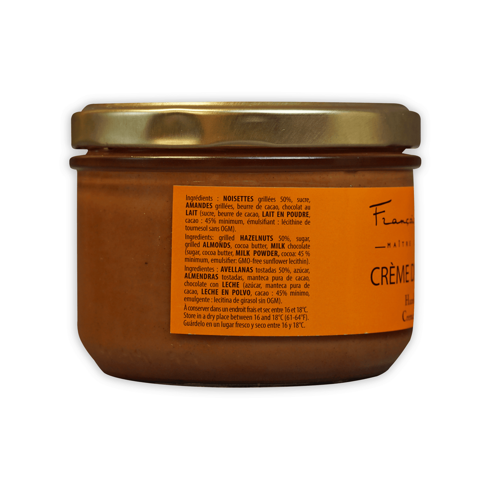 Pralus Hazelnut Cream jar with gold lid and smooth orange-brown spread