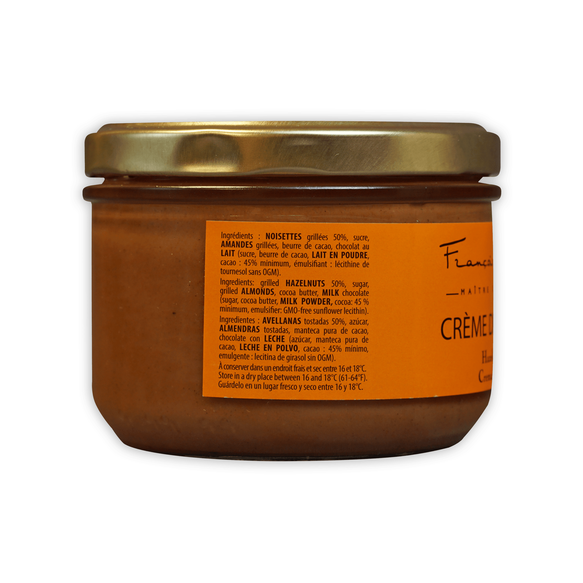 Pralus Hazelnut Cream jar with gold lid and smooth orange-brown spread