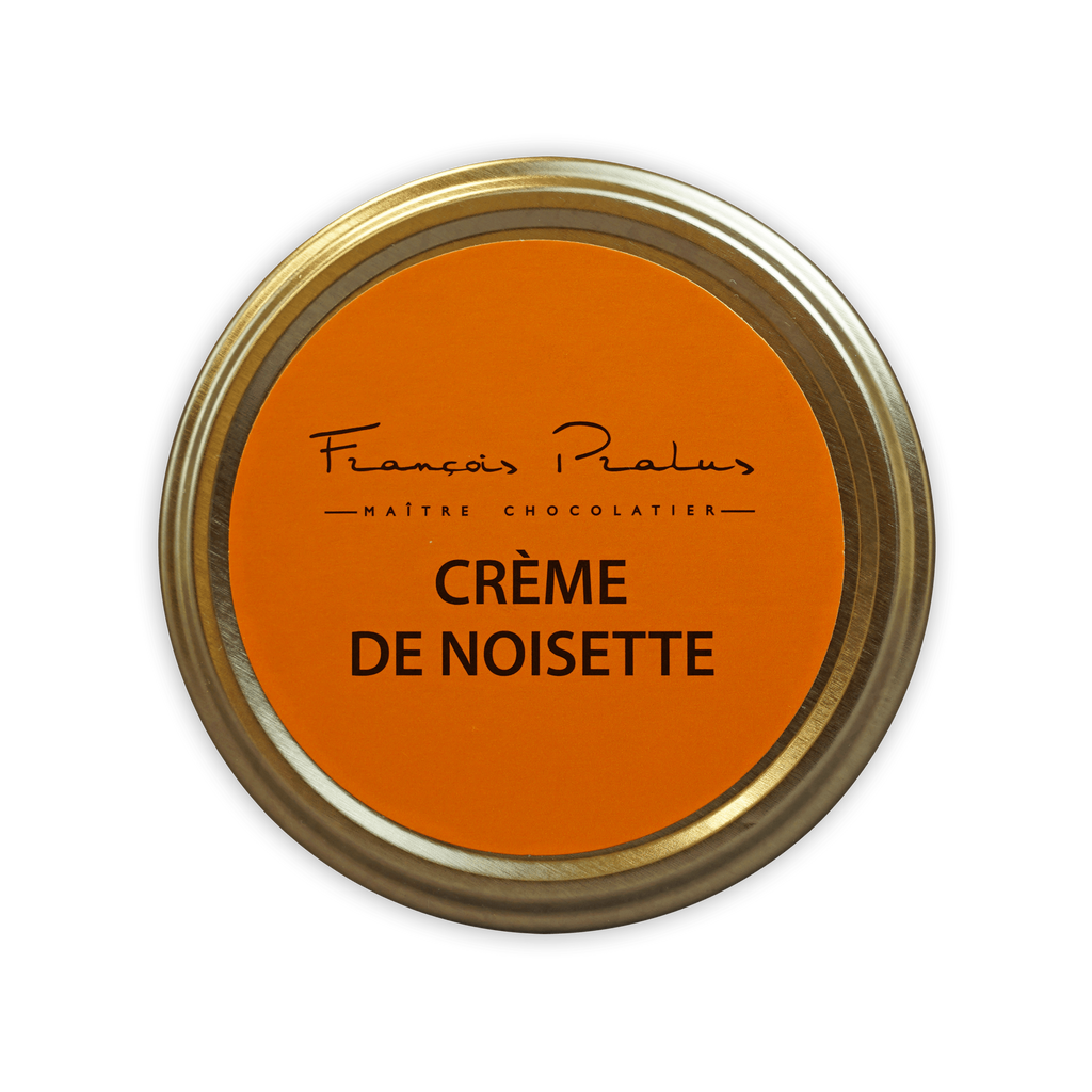 Pralus hazelnut cream jar with gold lid and orange label