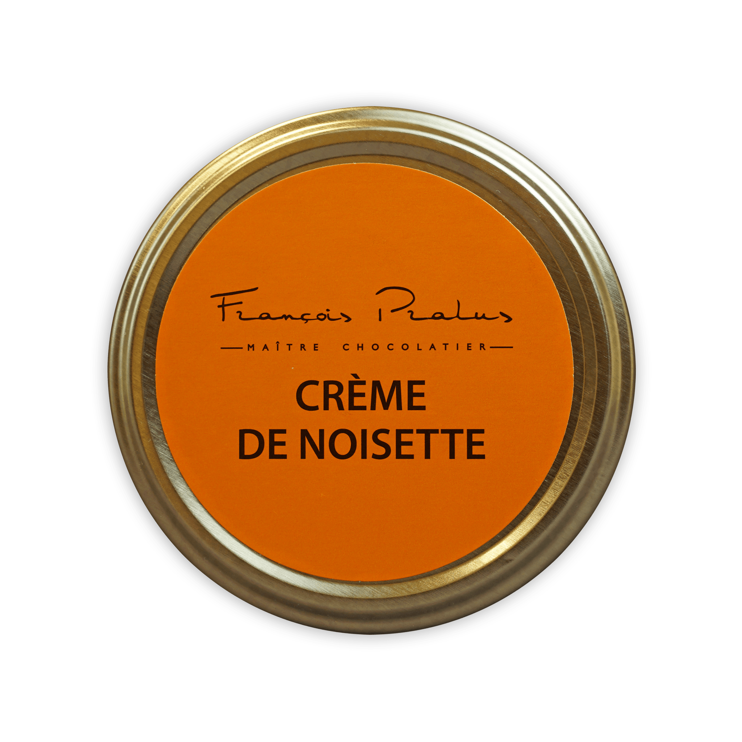 Pralus hazelnut cream jar with gold lid and orange label