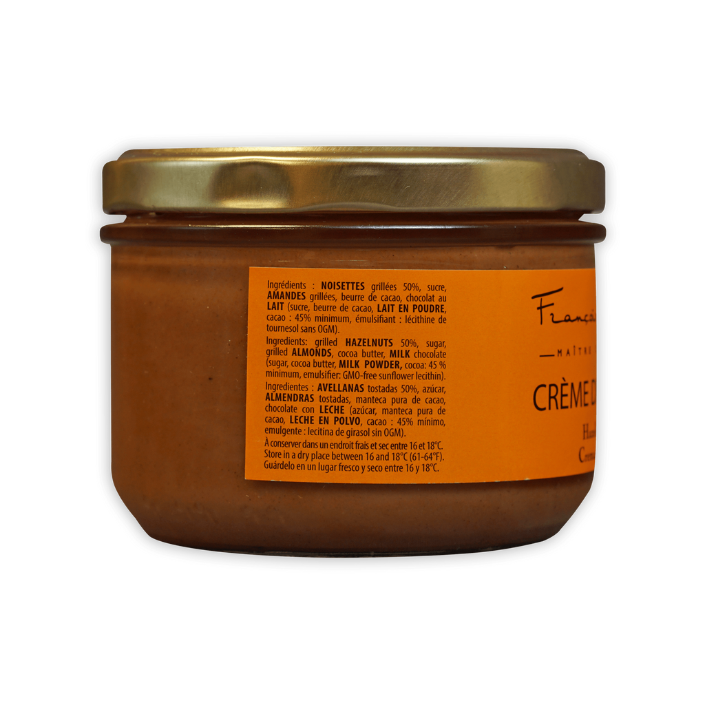 Pralus Hazelnut Cream jar with gold lid and smooth orange-brown spread