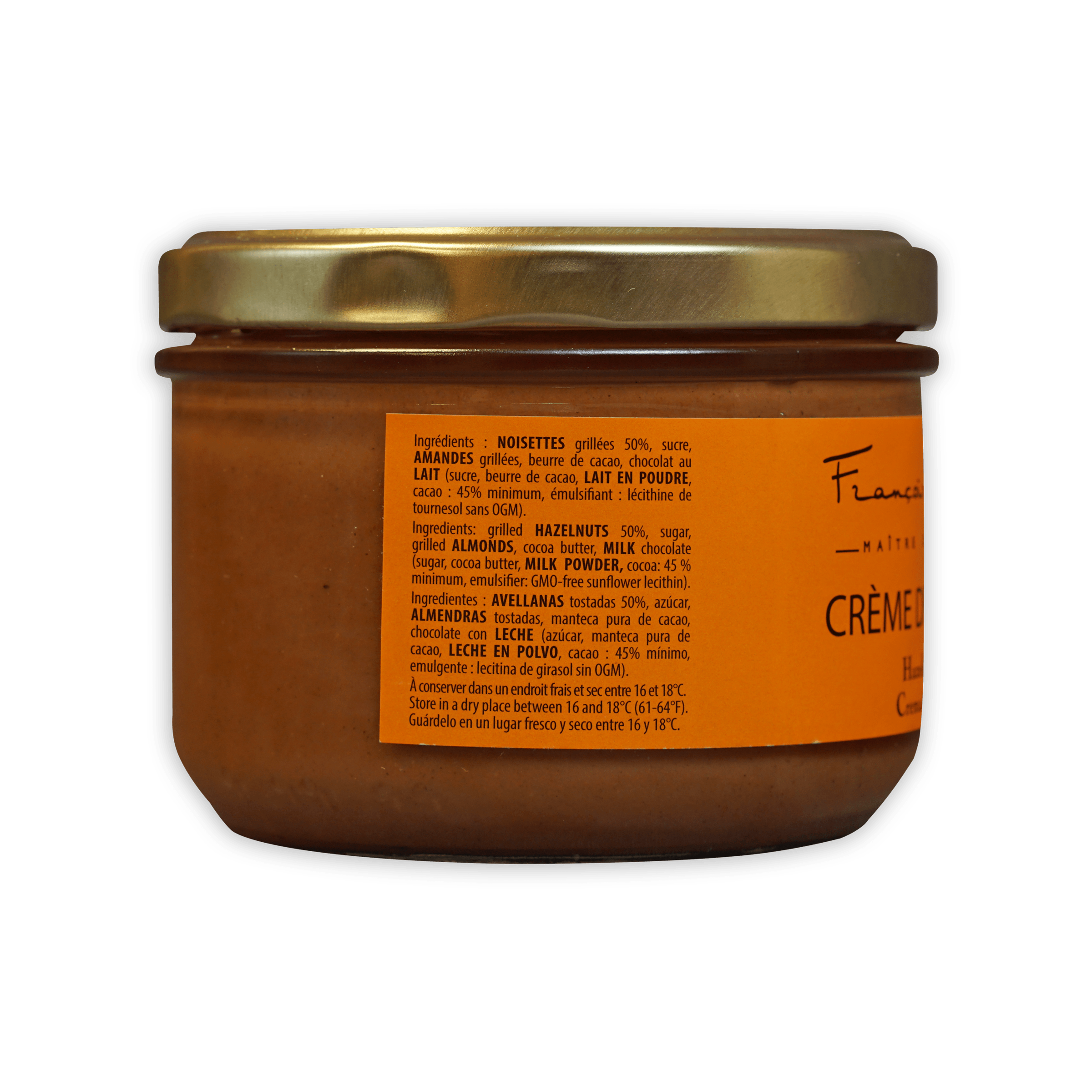 Pralus Hazelnut Cream jar with gold lid and smooth orange-brown spread