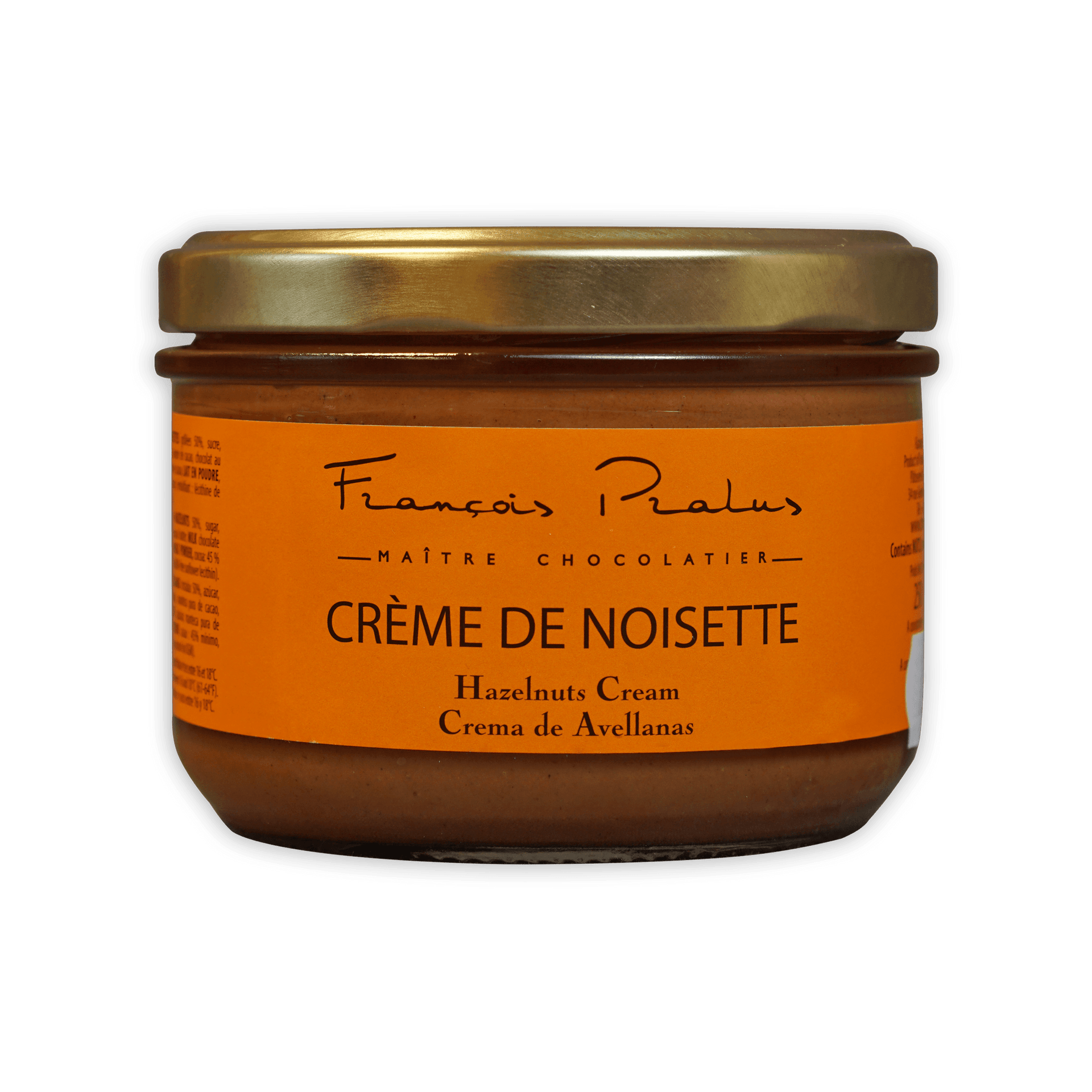 Pralus hazelnut cream jar with orange label and gold lid