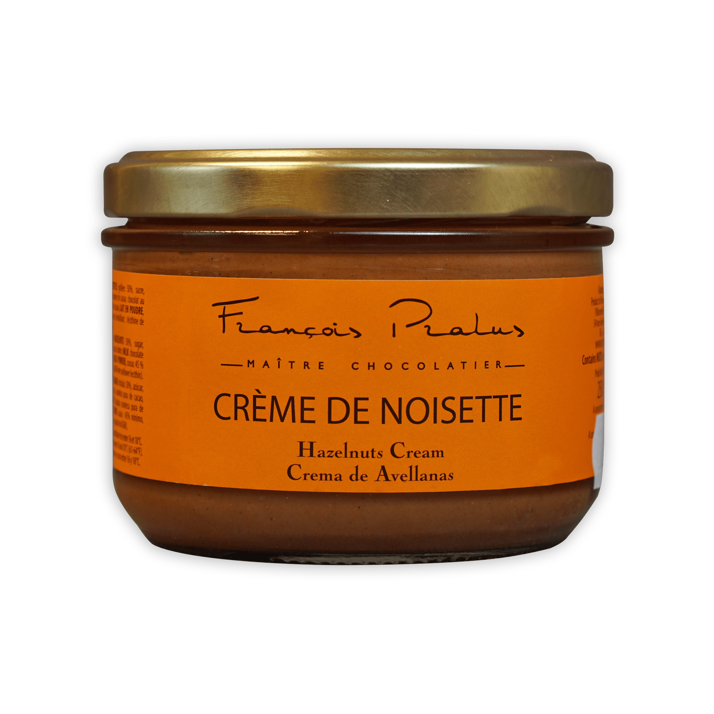 Pralus hazelnut cream jar with orange label and gold lid