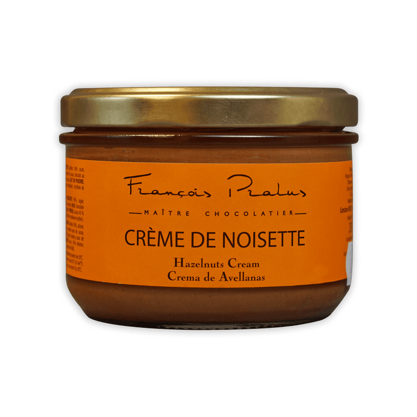 Pralus hazelnut cream jar with orange label and gold lid
