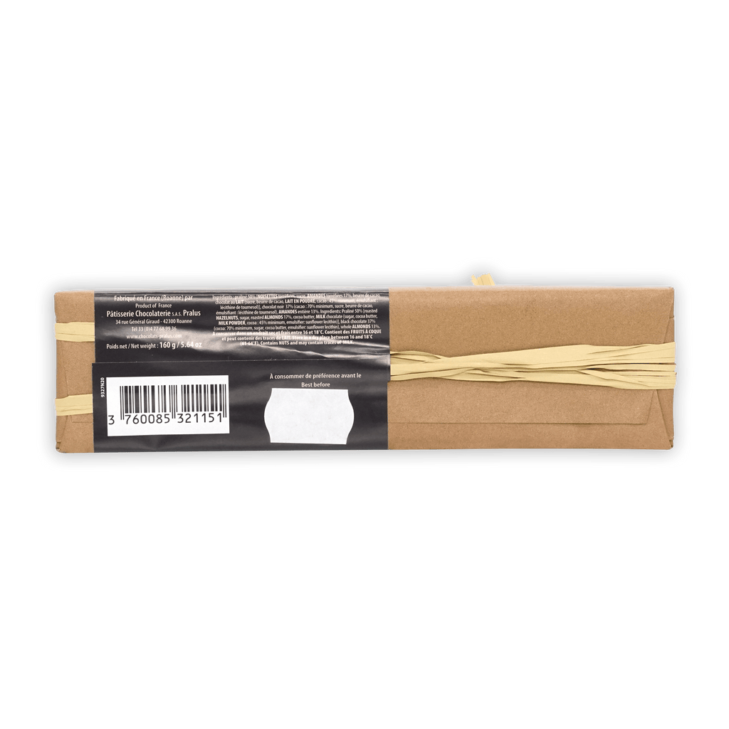 Pralus Infernale Noir Praline Bar in brown wrap with beige ribbon and black label