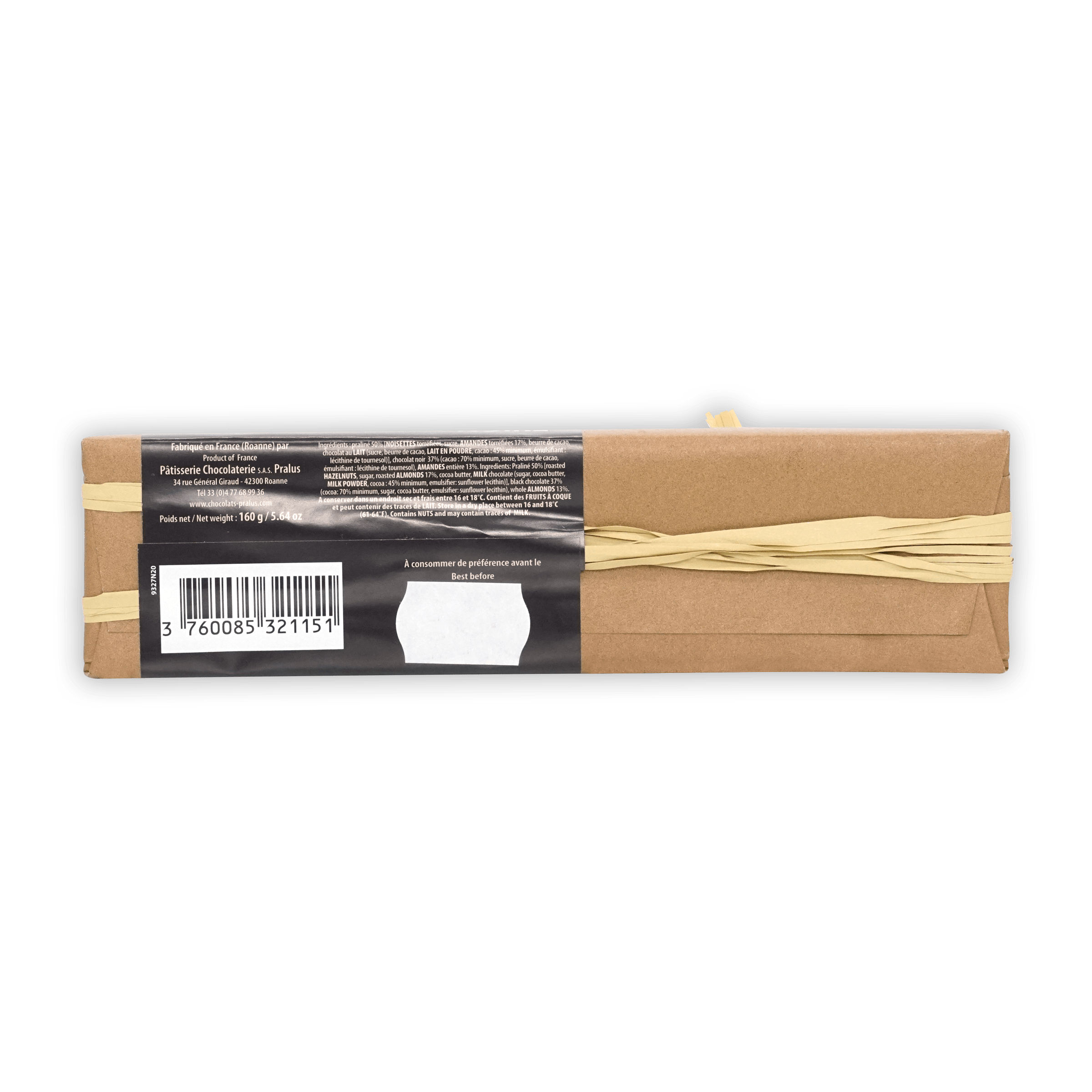 Pralus Infernale Noir Praline Bar in brown wrap with beige ribbon and black label