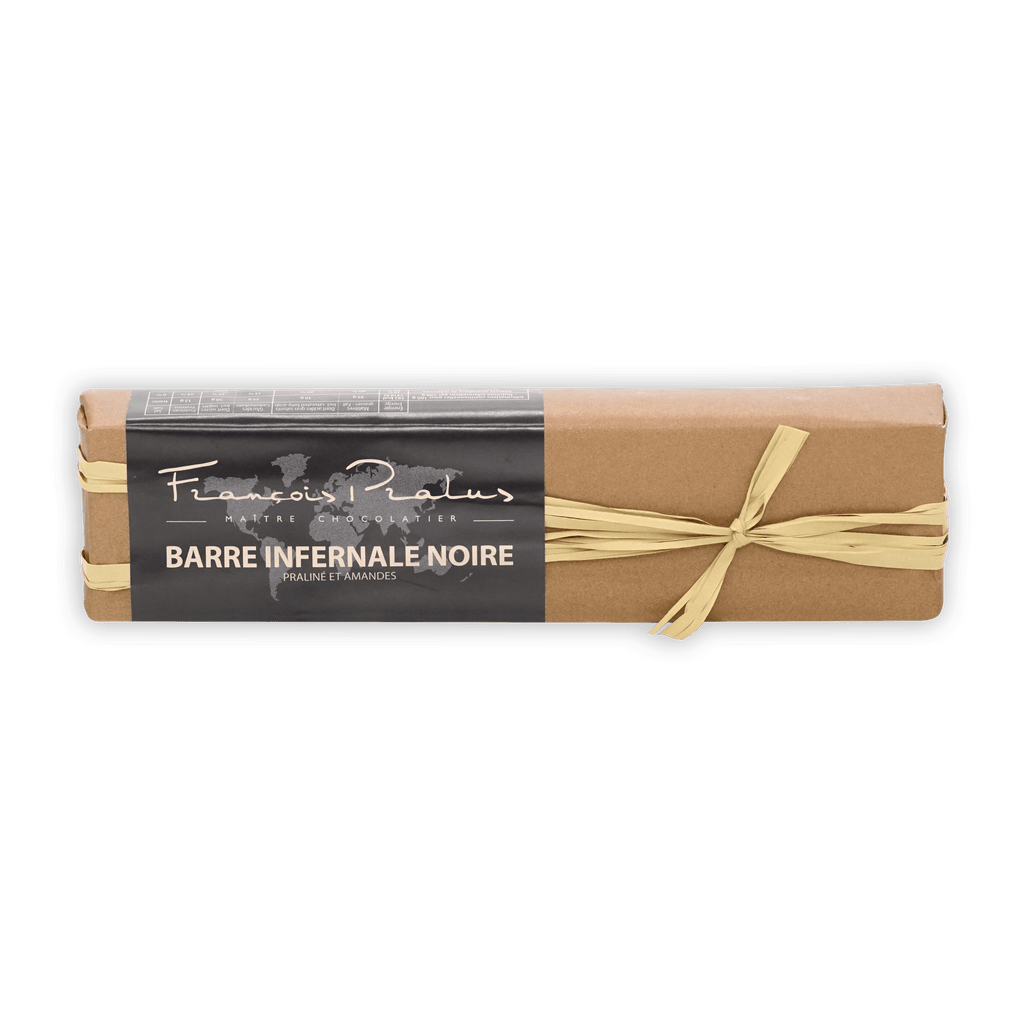 Pralus Infernale Noir praline bar in brown wrap with gold ribbon