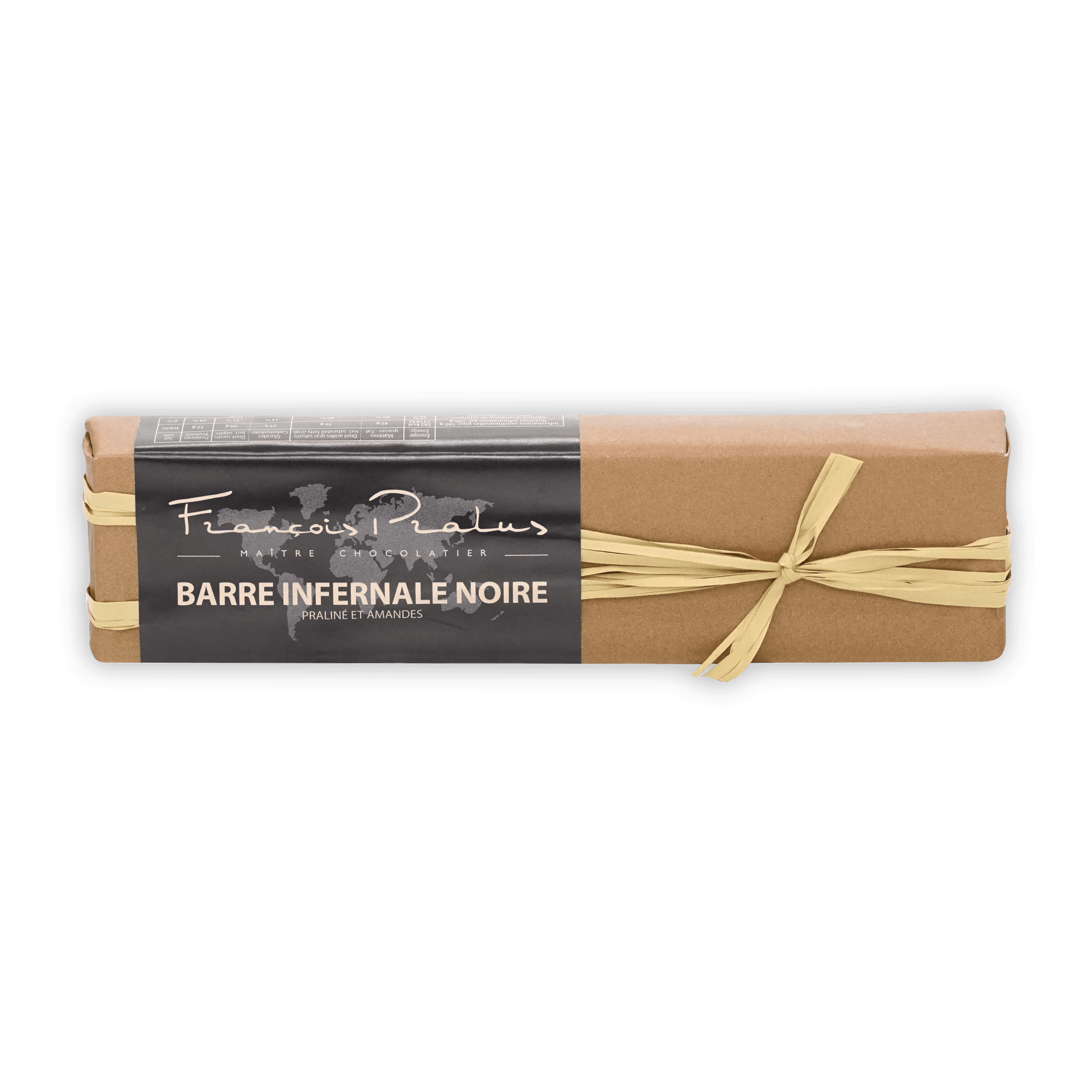 Pralus Infernale Noir praline bar in brown wrap with gold ribbon