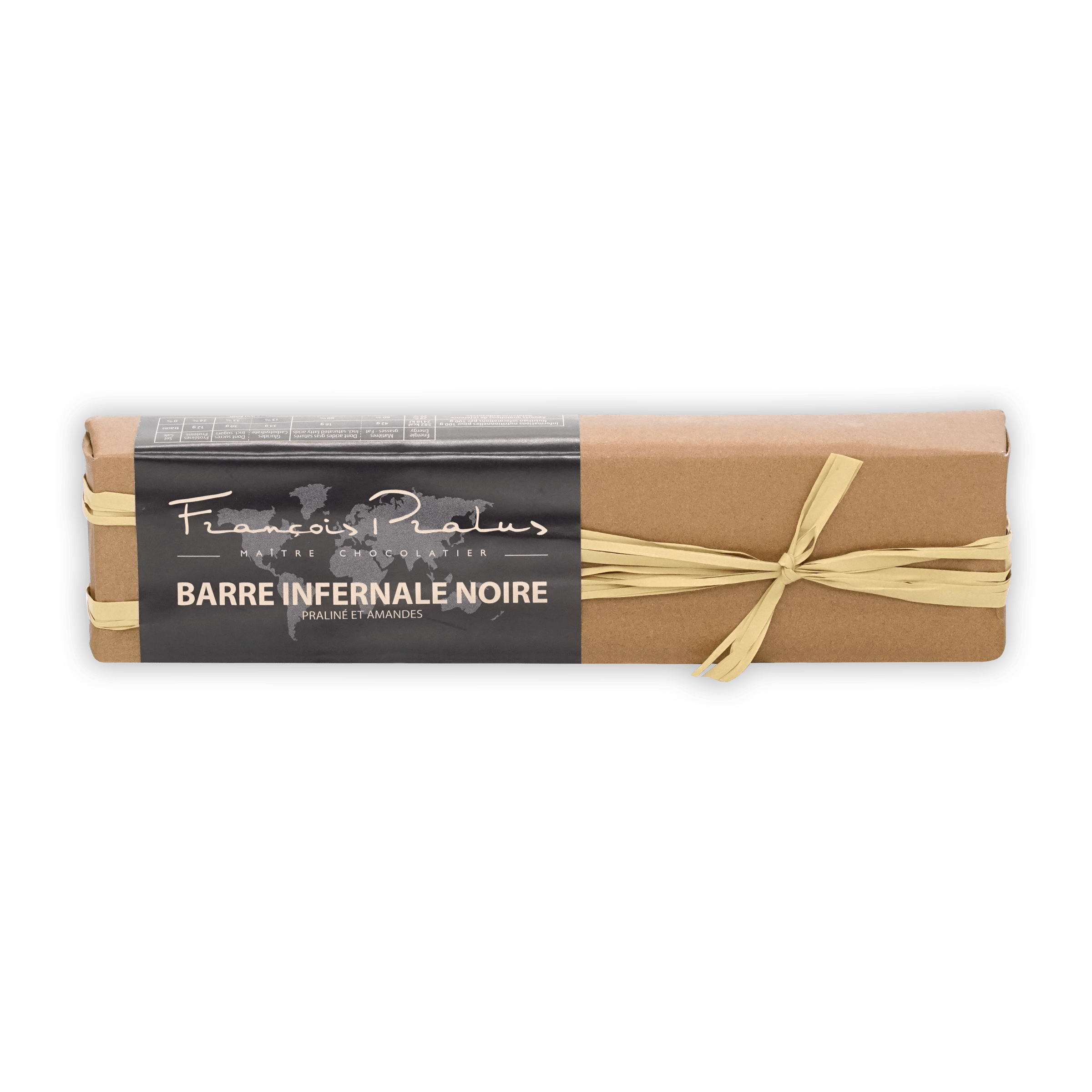 Pralus Infernale Noir praline bar in brown wrap with gold ribbon