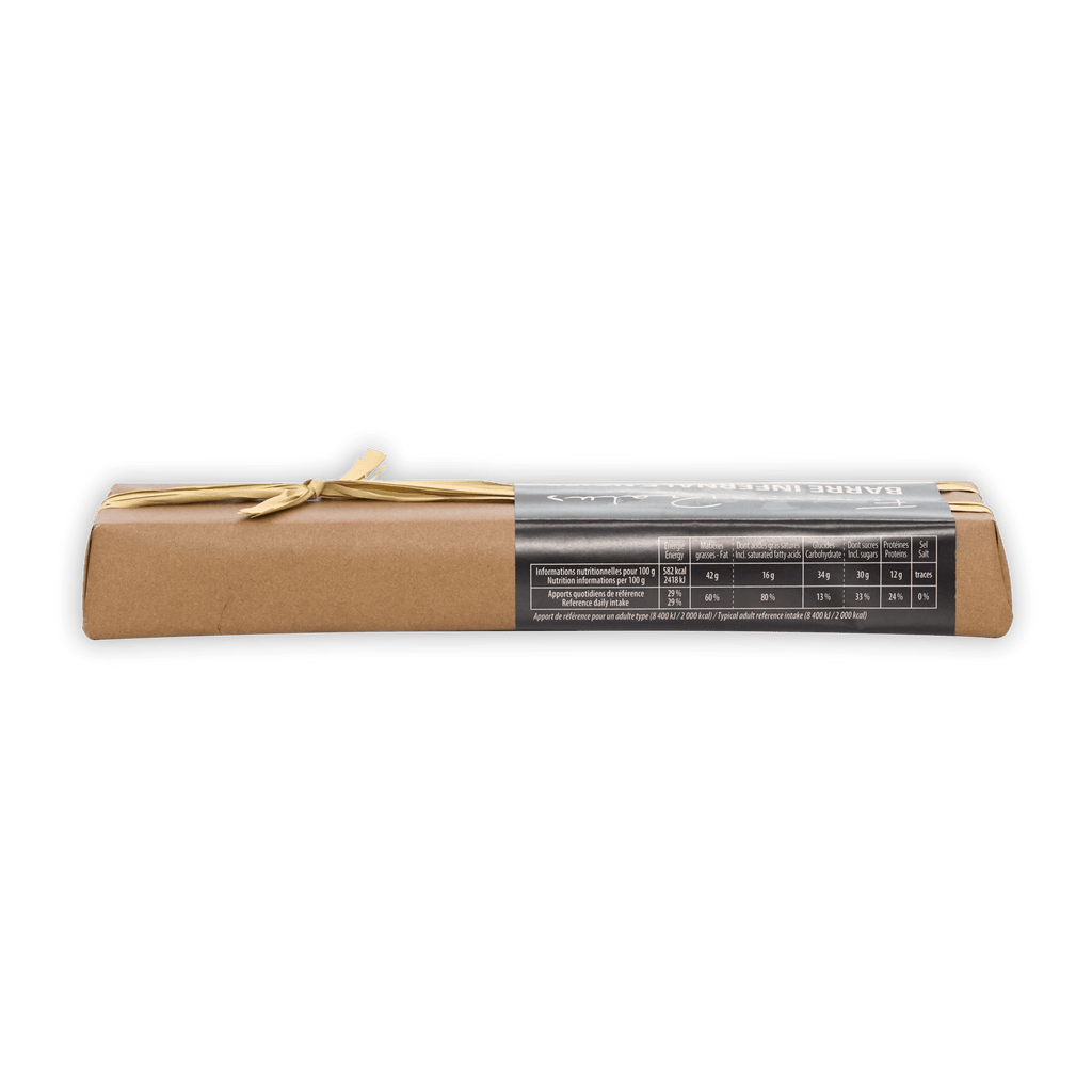 Back of Pralus Infernale Noir Praline Bar with baguette bread wrap