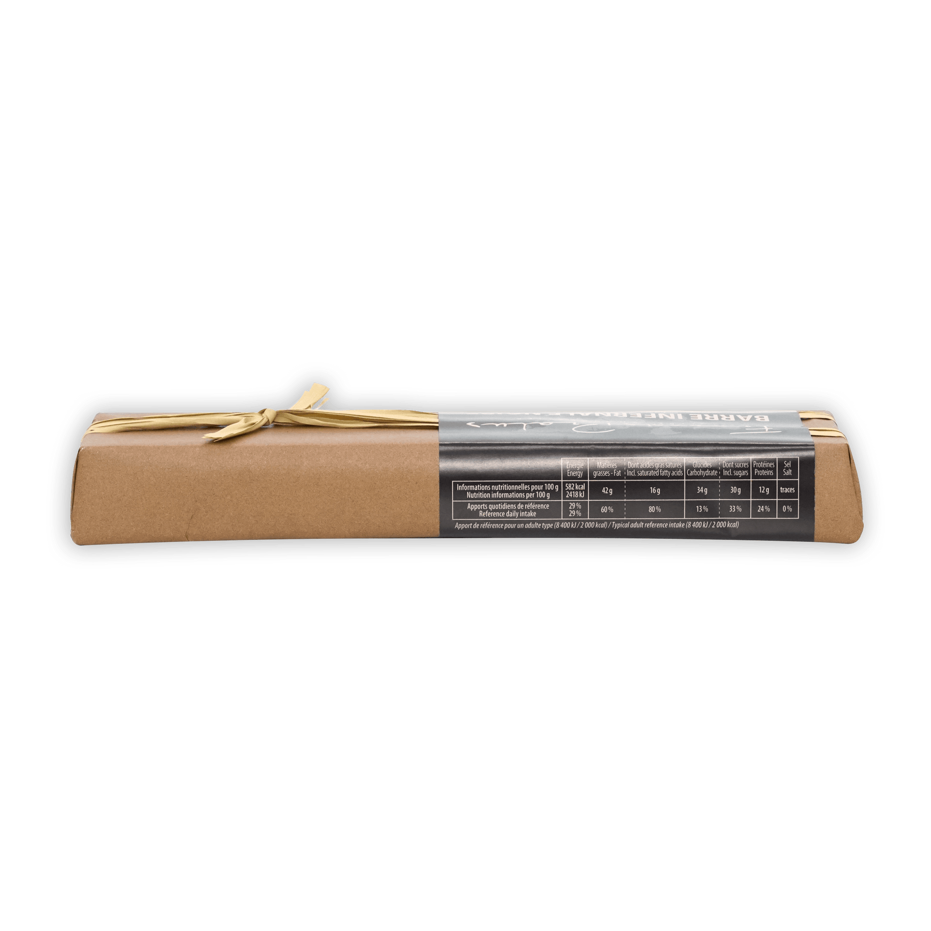 Back of Pralus Infernale Noir Praline Bar with baguette bread wrap