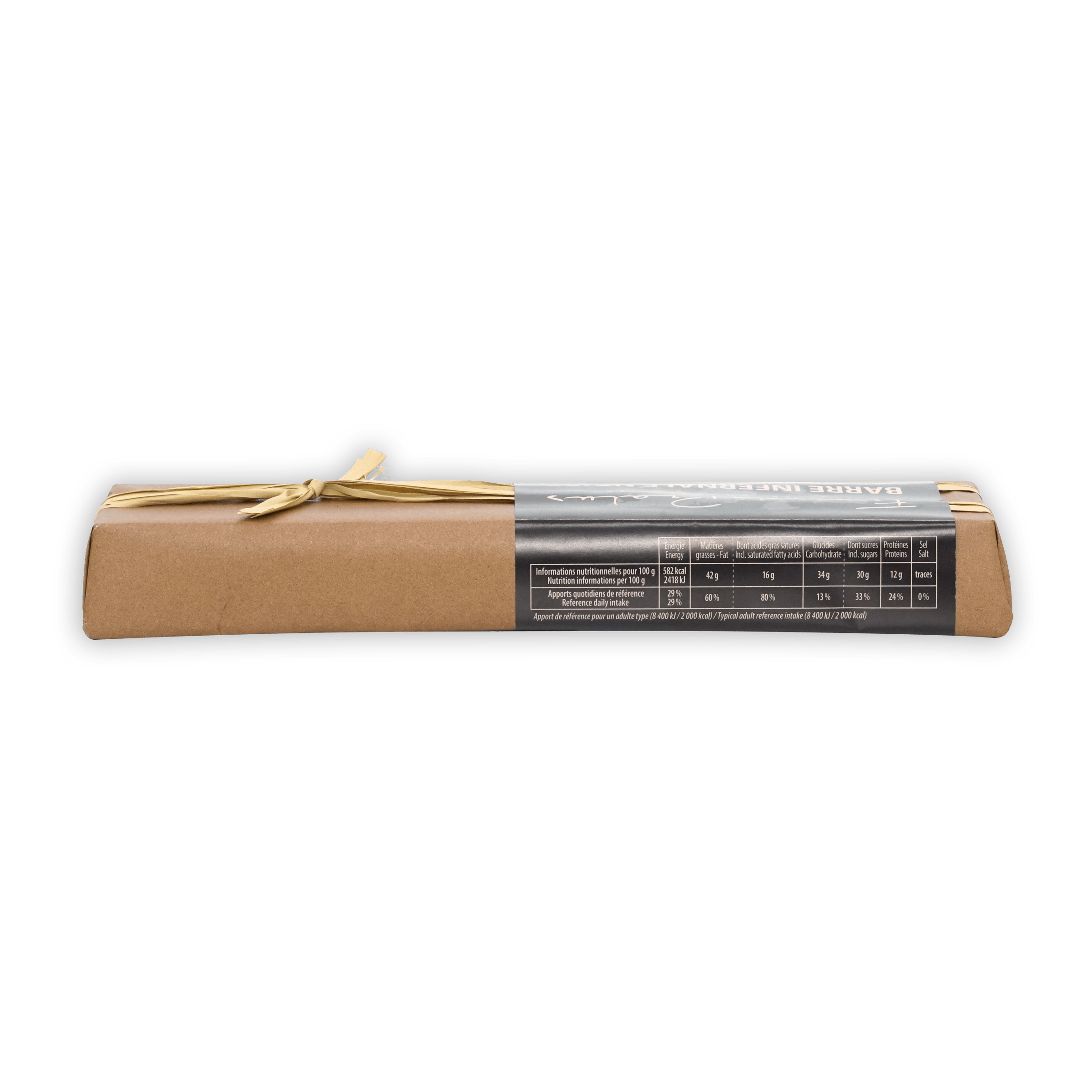 Back of Pralus Infernale Noir Praline Bar with baguette bread wrap