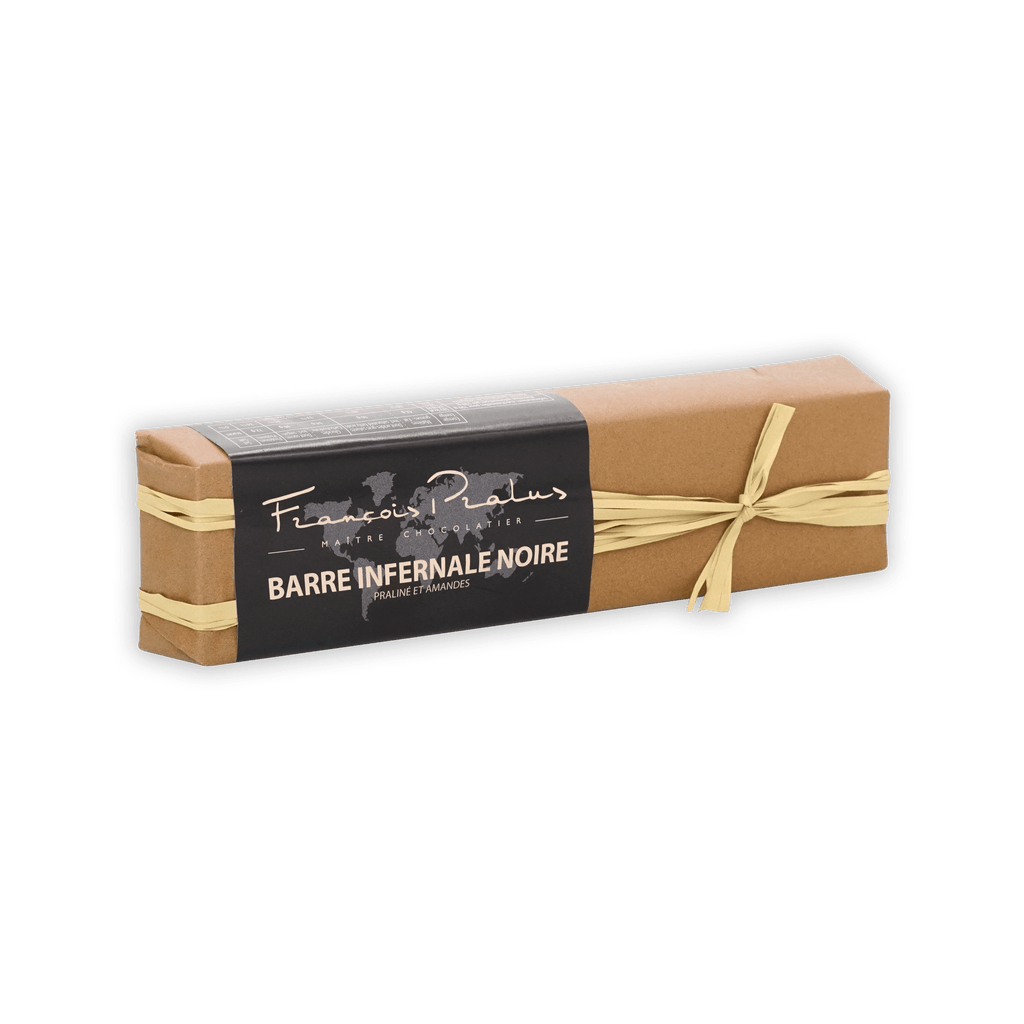 Pralus Infernale Noir praline bar with black label and gold ribbon