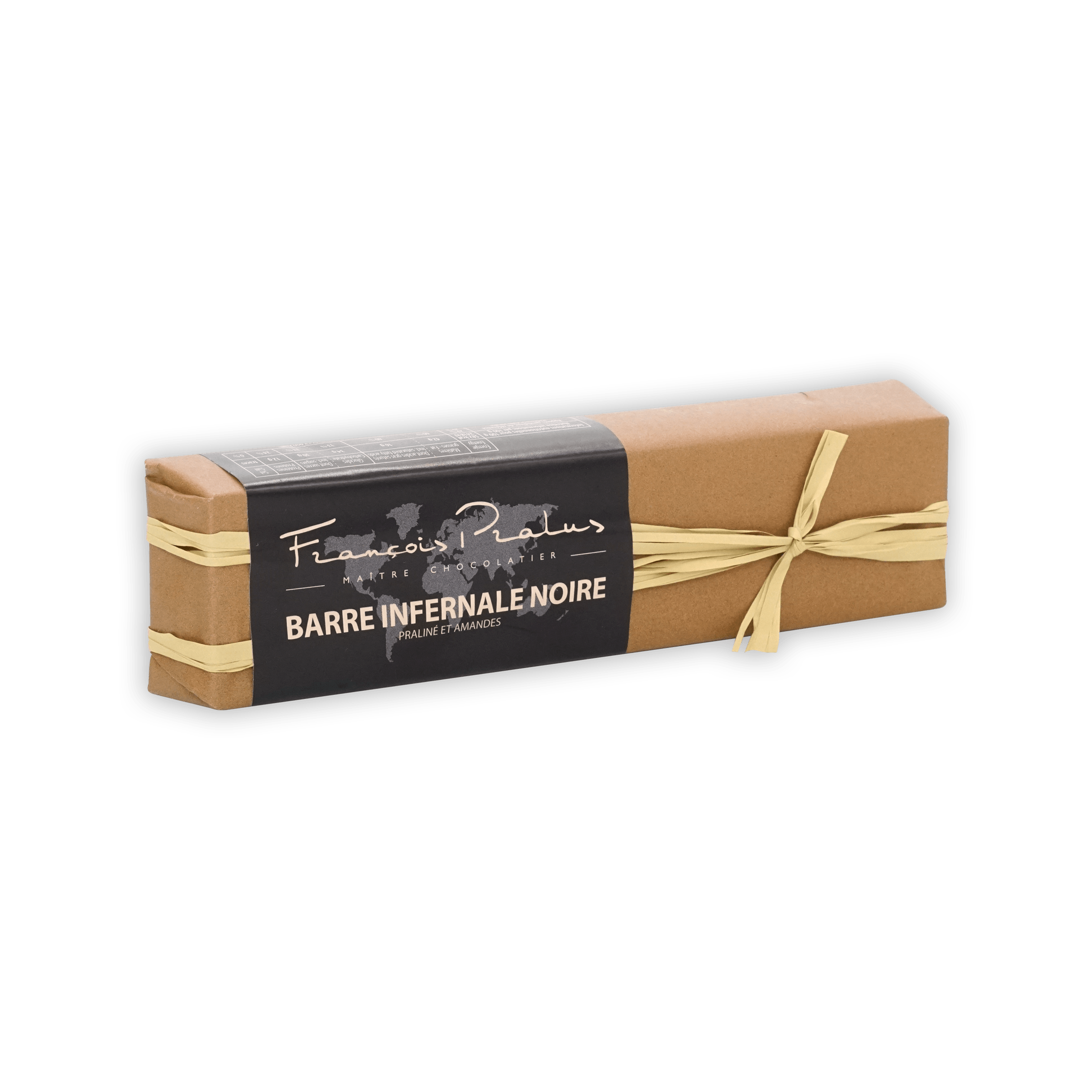 Pralus Infernale Noir praline bar with black label and gold ribbon