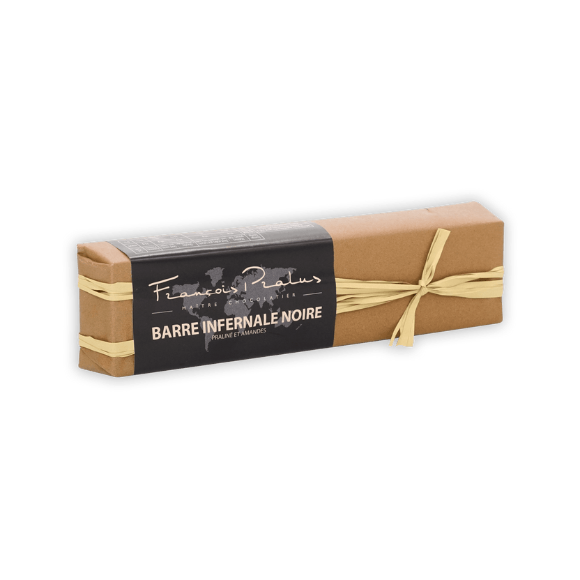 Pralus Infernale Noir praline bar with black label and gold ribbon