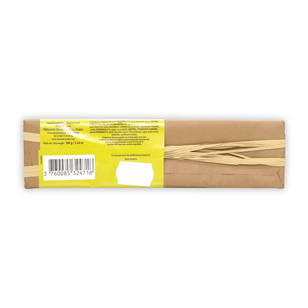 Pralus Infernale Pistache Praline Bar 75% in brown paper package with yellow label