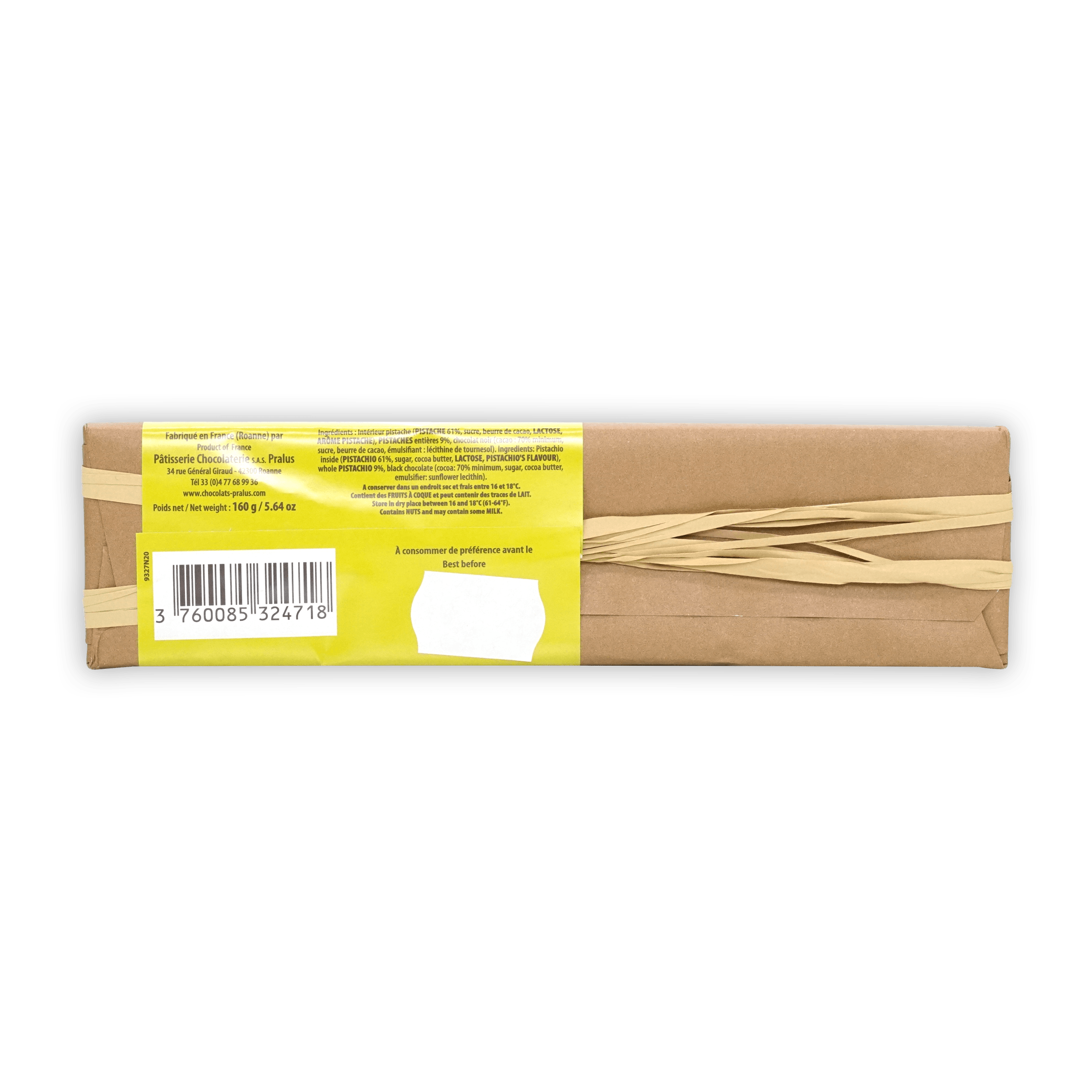 Pralus Infernale Pistache Praline Bar 75% in brown paper package with yellow label