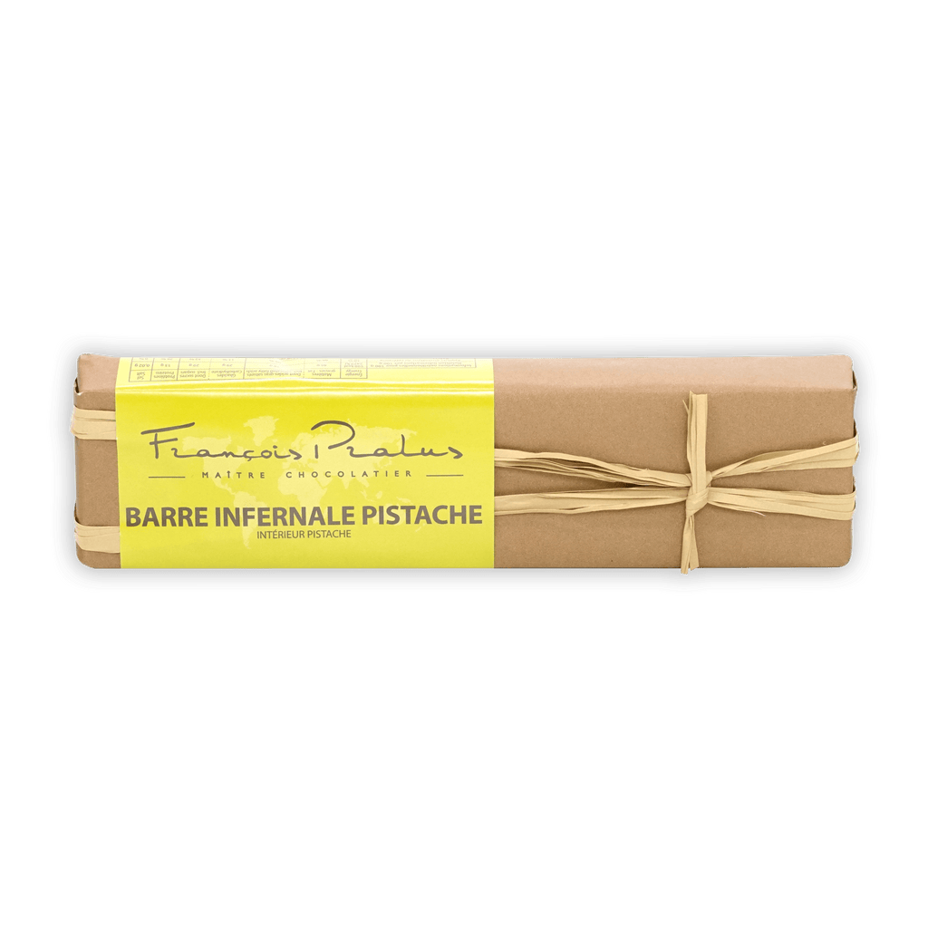 Pralus Infernale Pistache Praline Bar 75% wrapped in paper with twine