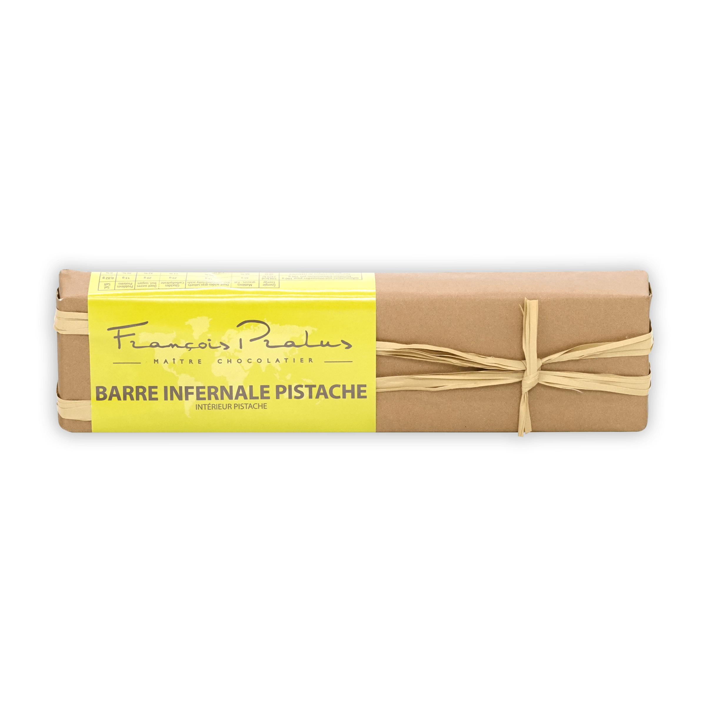 Pralus Infernale Pistache Praline Bar 75% wrapped in paper with twine