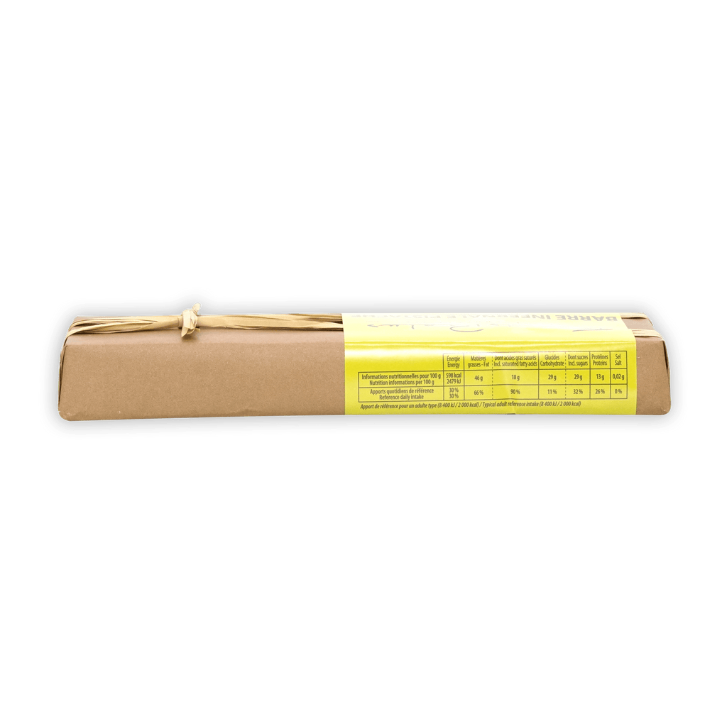 Back of Pralus Infernale Pistache Praline Bar 75% brown package with yellow label