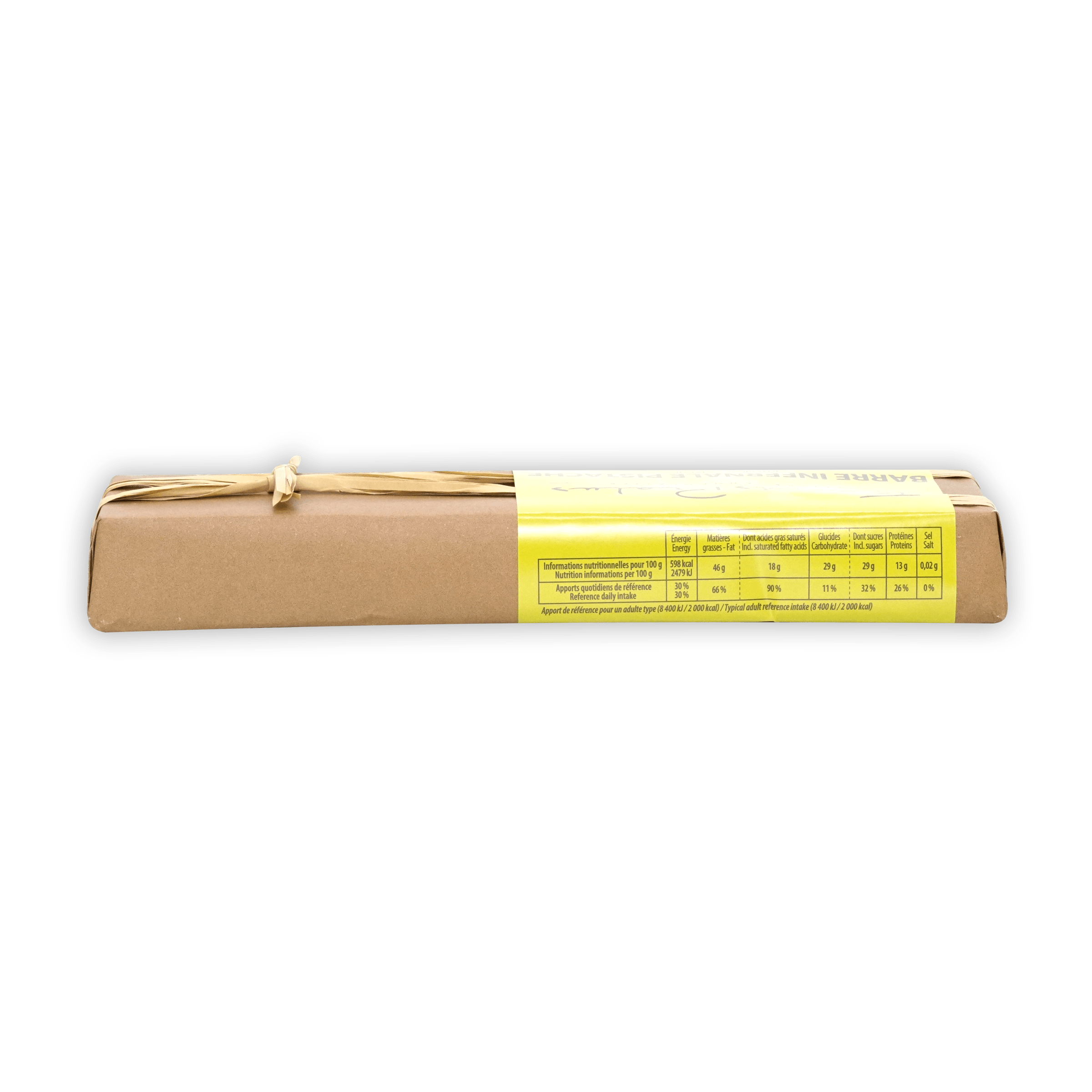 Back of Pralus Infernale Pistache Praline Bar 75% brown package with yellow label
