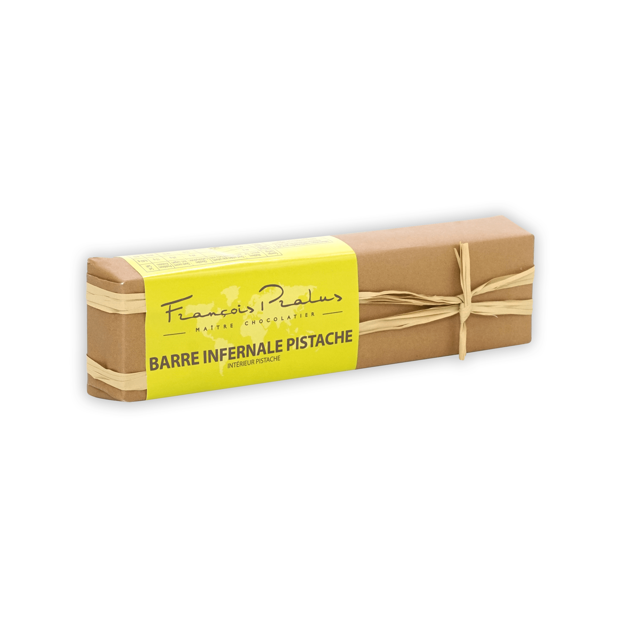 Pralus Infernale Pistache praline bar 75% in kraft paper with twine