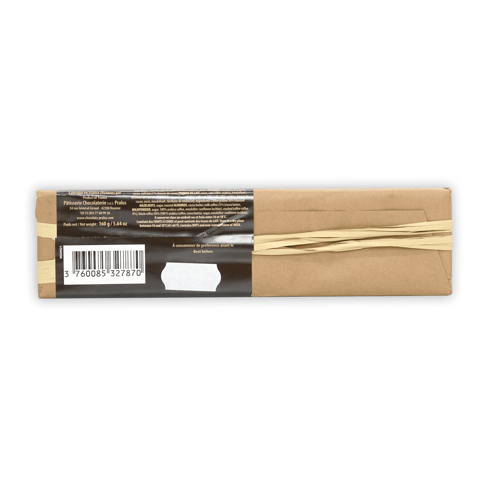 Pralus Infernale Coffee Bar in brown paper with black label and beige ribbon
