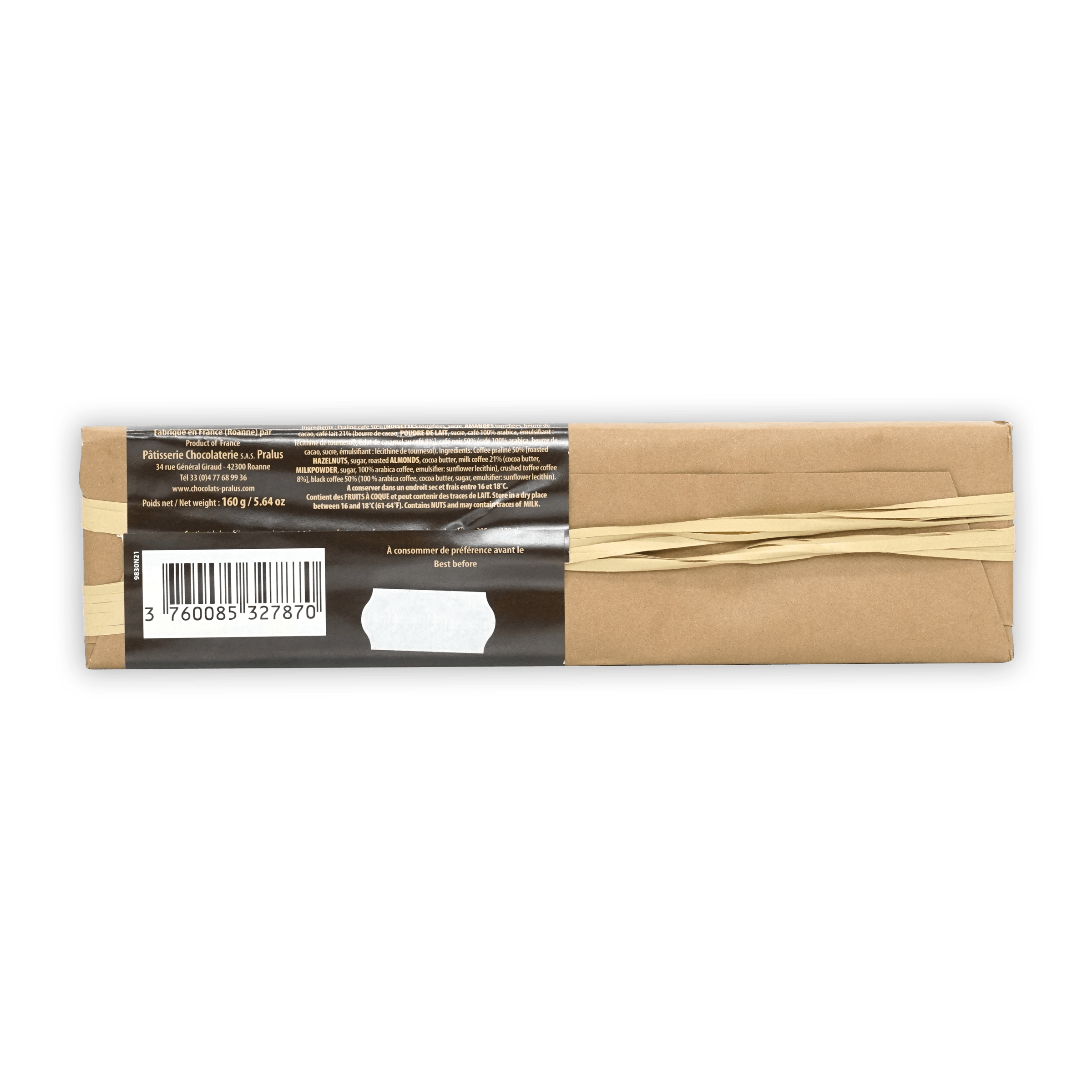 Pralus Infernale Coffee Bar in brown paper with black label and beige ribbon